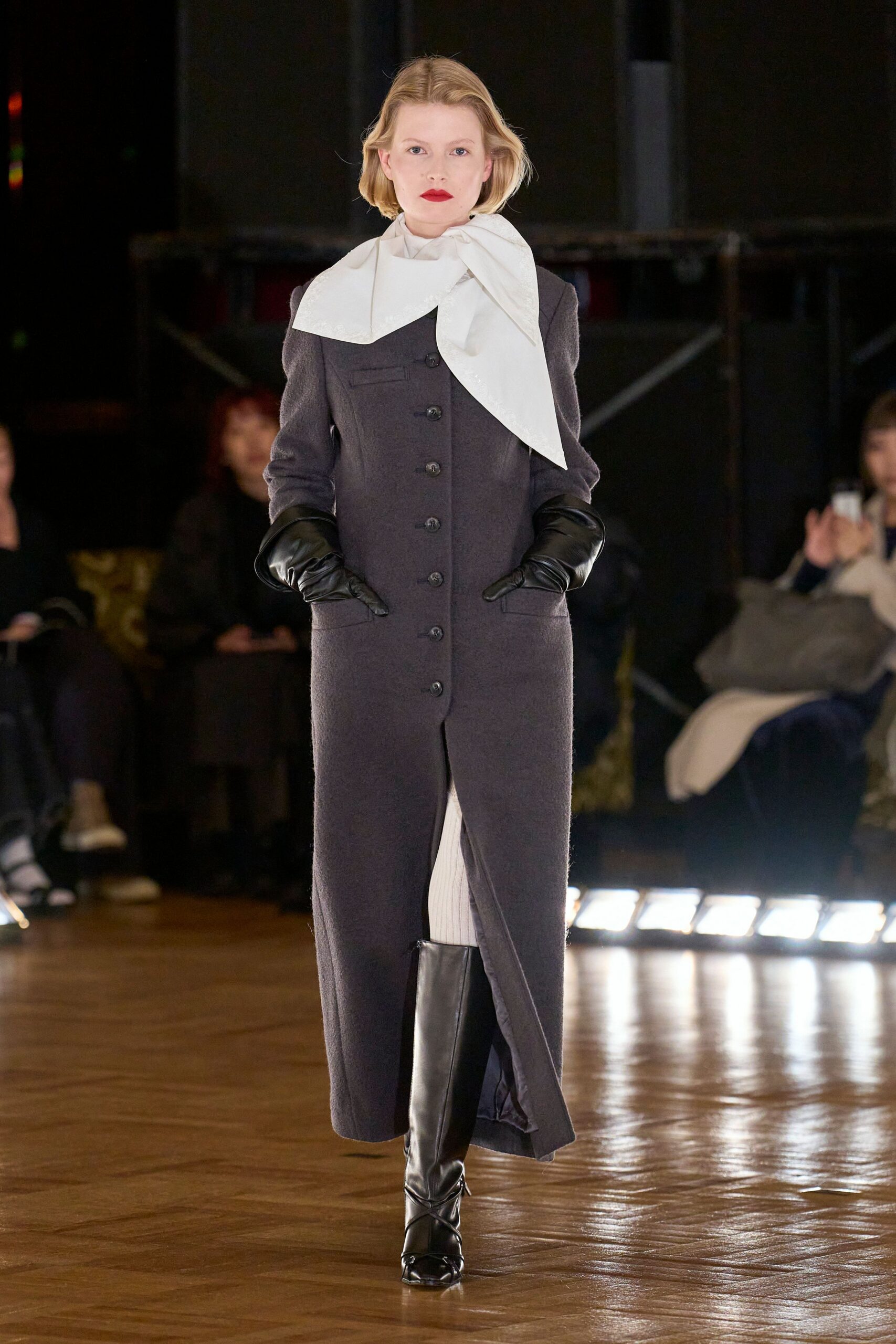 gray wool fitted coat with white blouse