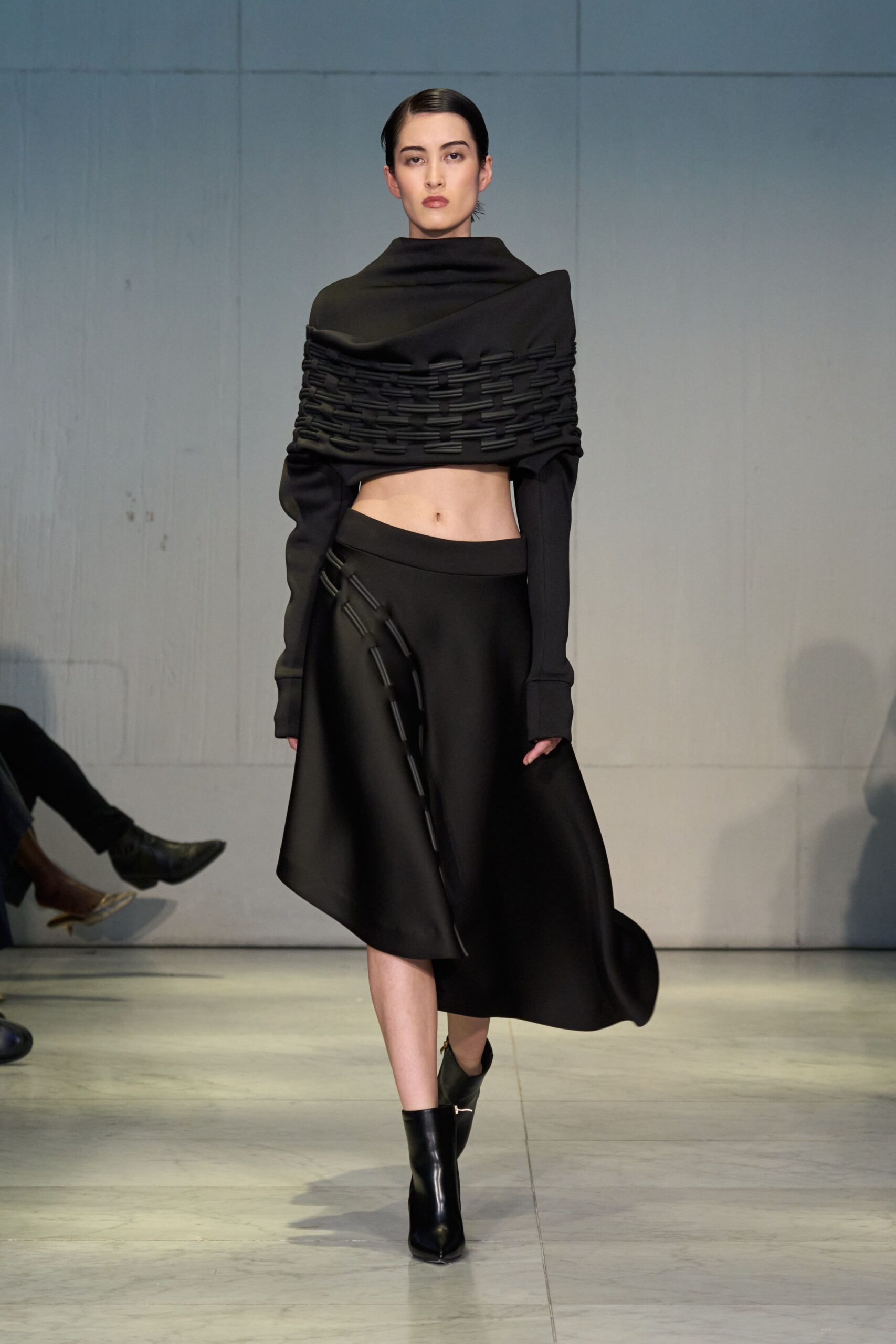 black fitted top and skirt