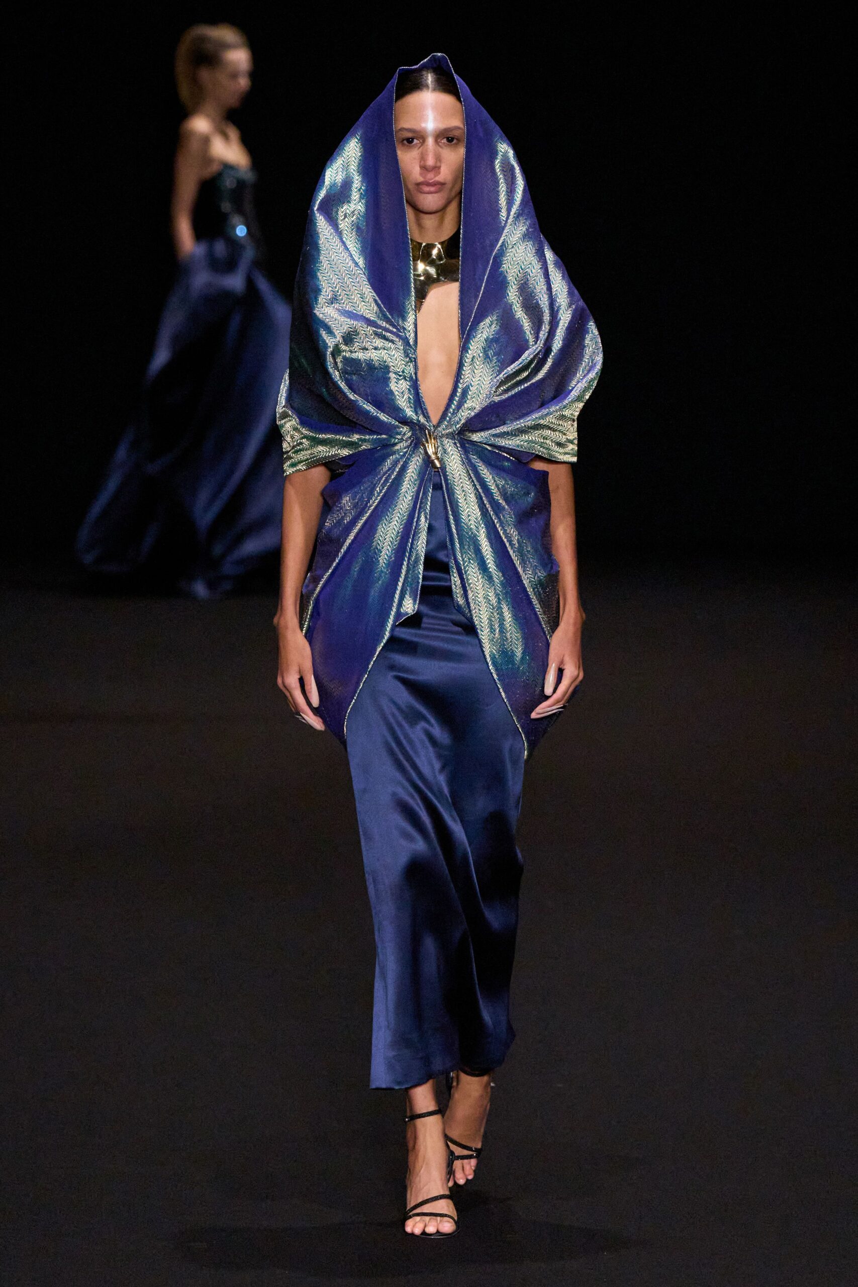 blue silk sleeveless v-neck fitted draped shiny gown