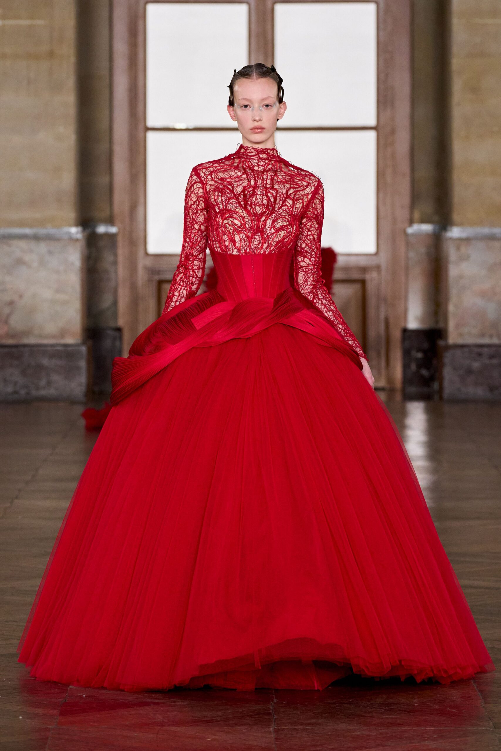 red lace long-sleeve gown