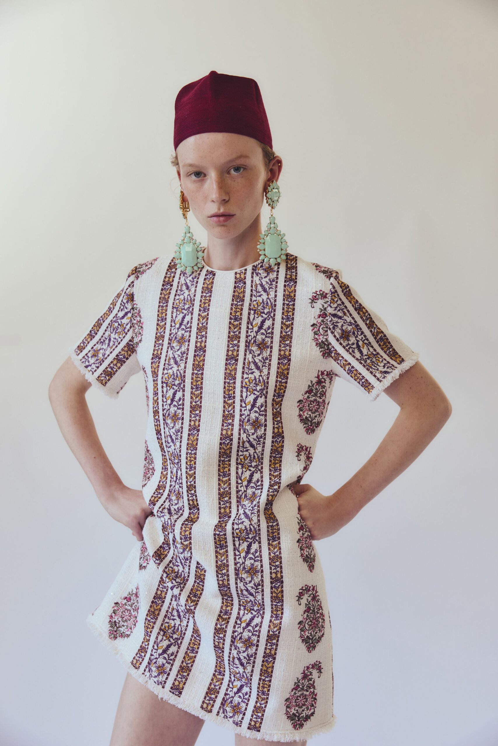white cotton short-sleeve collared fitted embroidered flared mini-dress