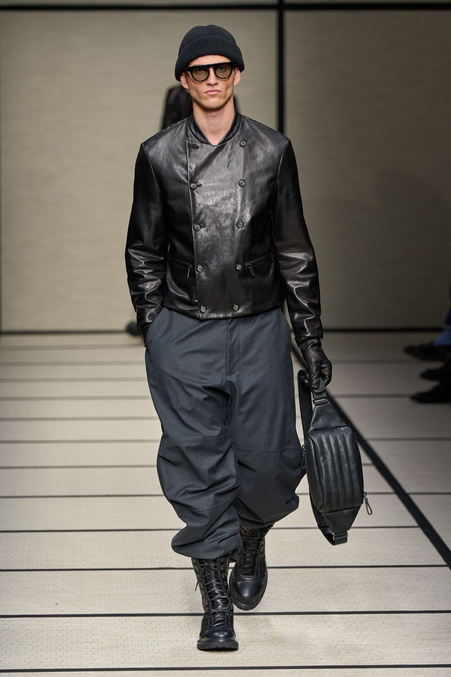 black leather long-sleeve collared fitted jacket