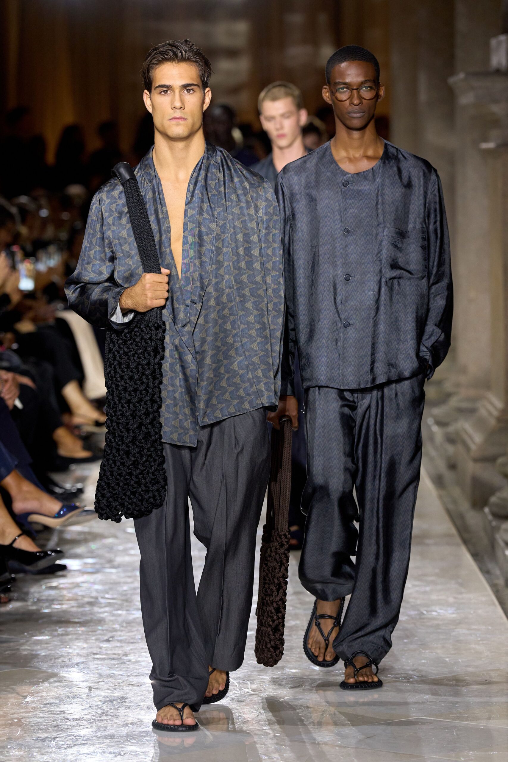 gray silk relaxed straight-leg pants