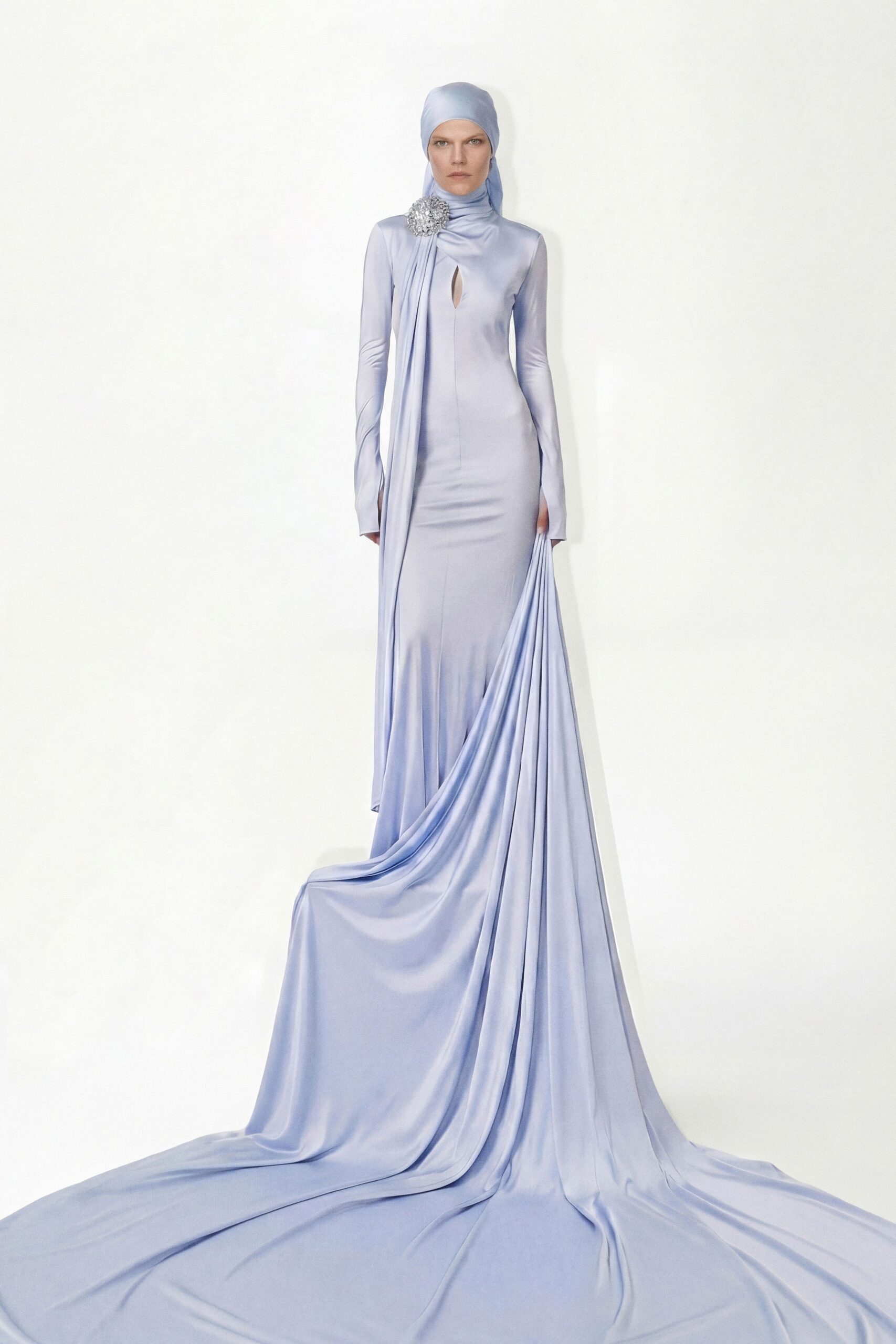 blue silk fitted gown