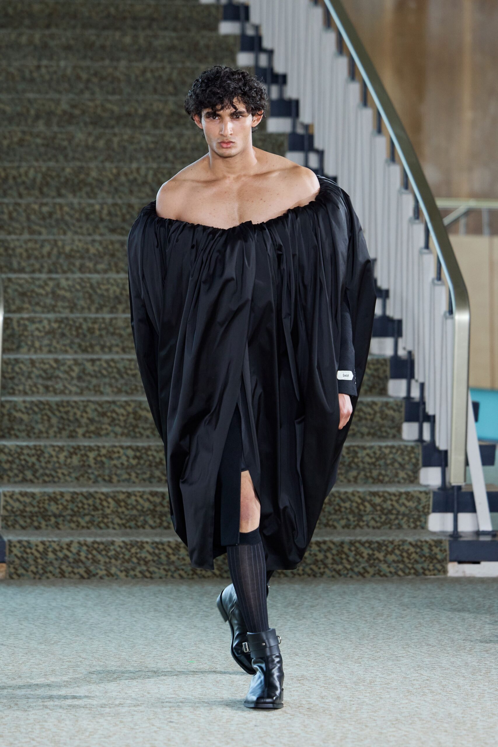 black cotton sleeveless off-shoulder relaxed draped midi dress