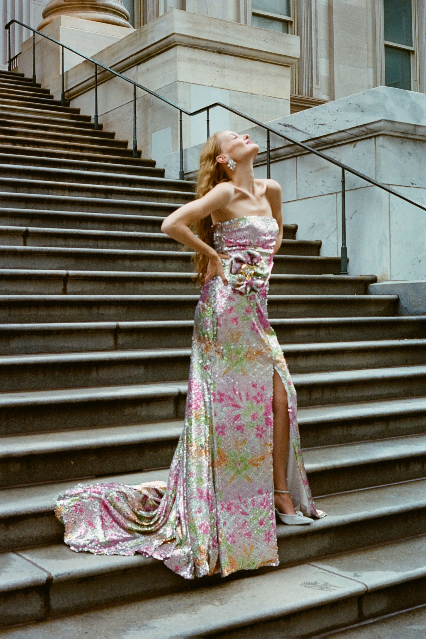 pink sequin strapless slit fitted floral draped gown
