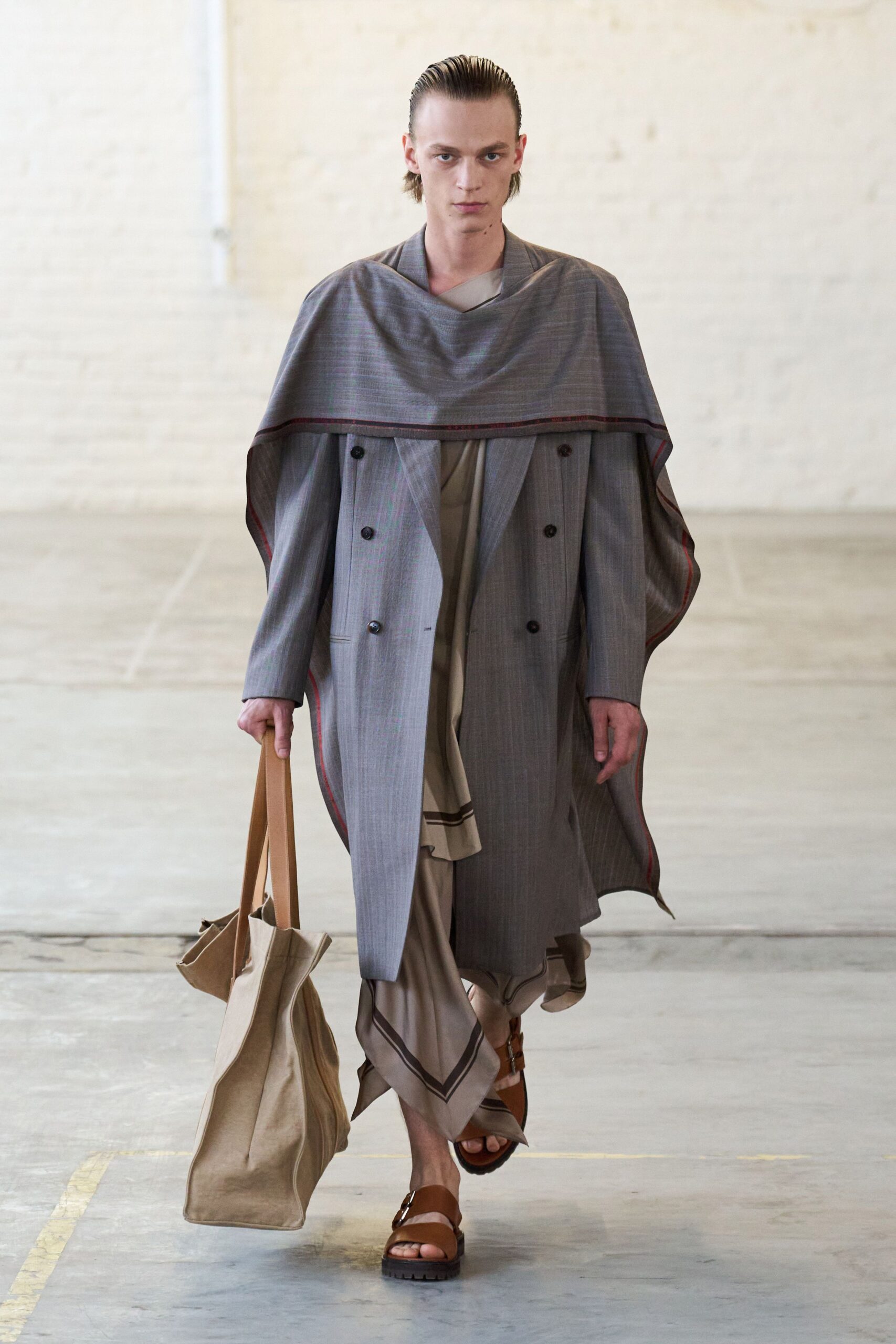 gray relaxed coat beige dress