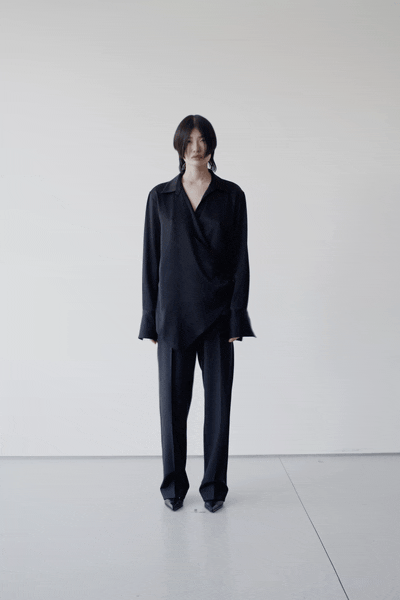 black silk long-sleeve collared relaxed shirt