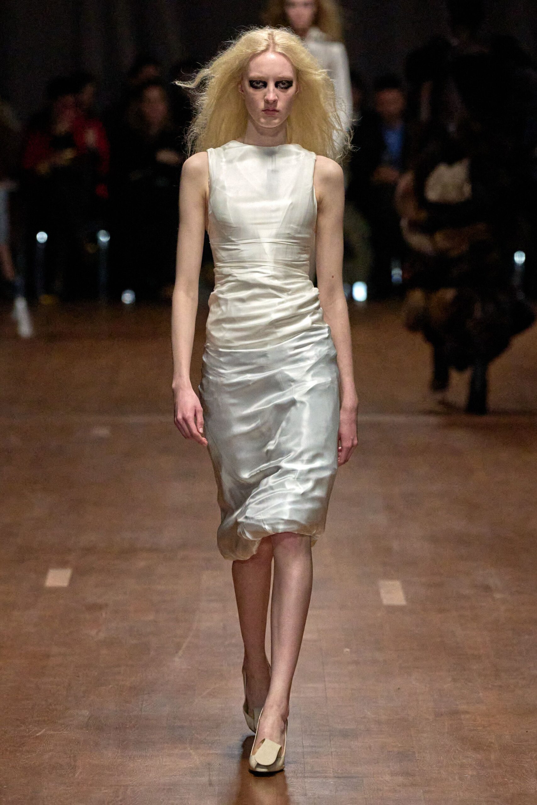 fitted white silk midi dress