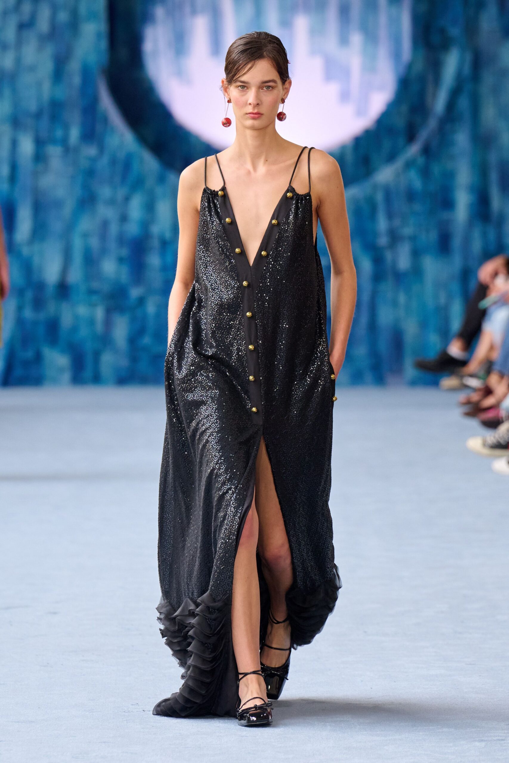 black silk sleeveless v-neck fitted sequined buttoned gown