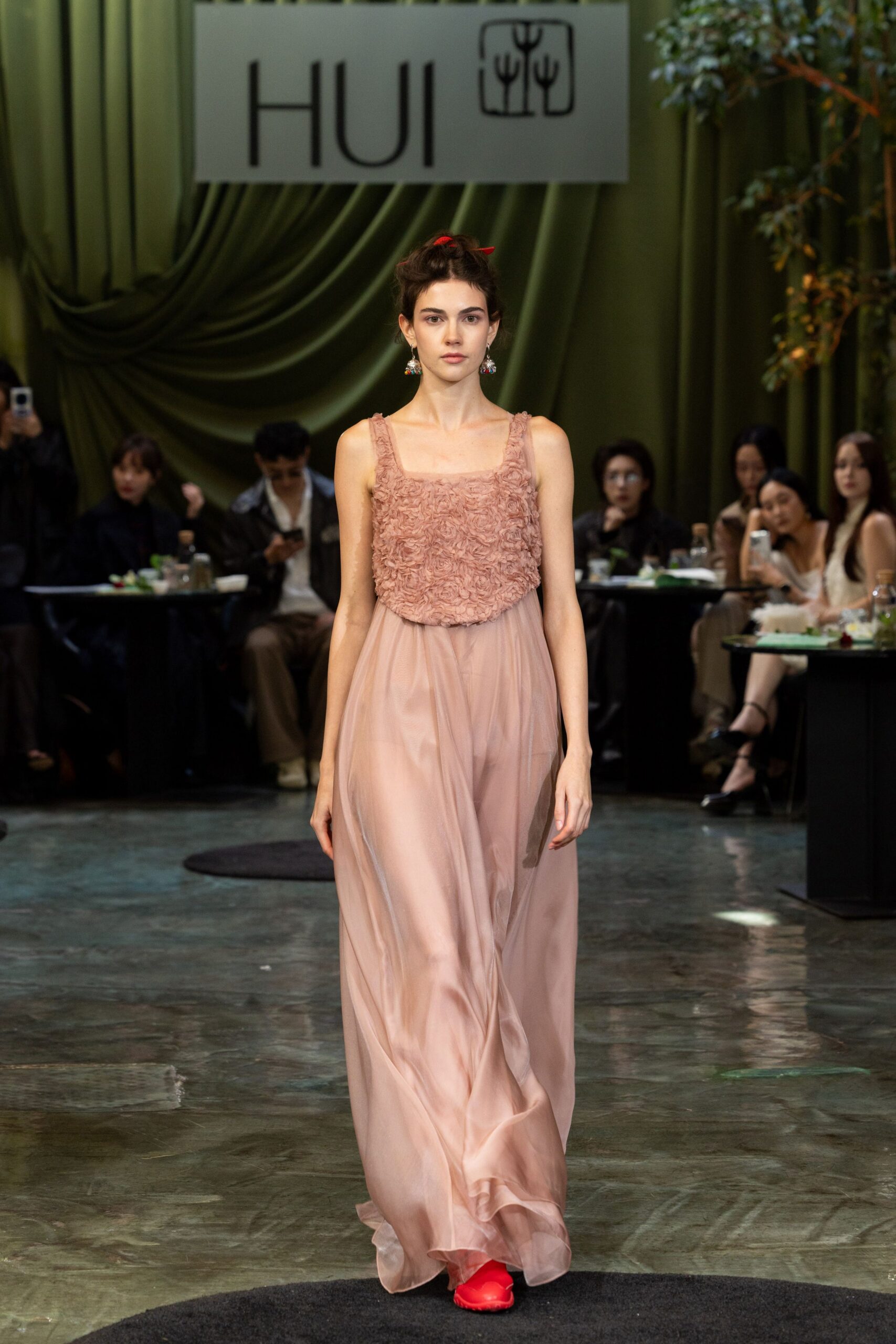 pink silk sleeveless v-neck fitted layered ruffled gown