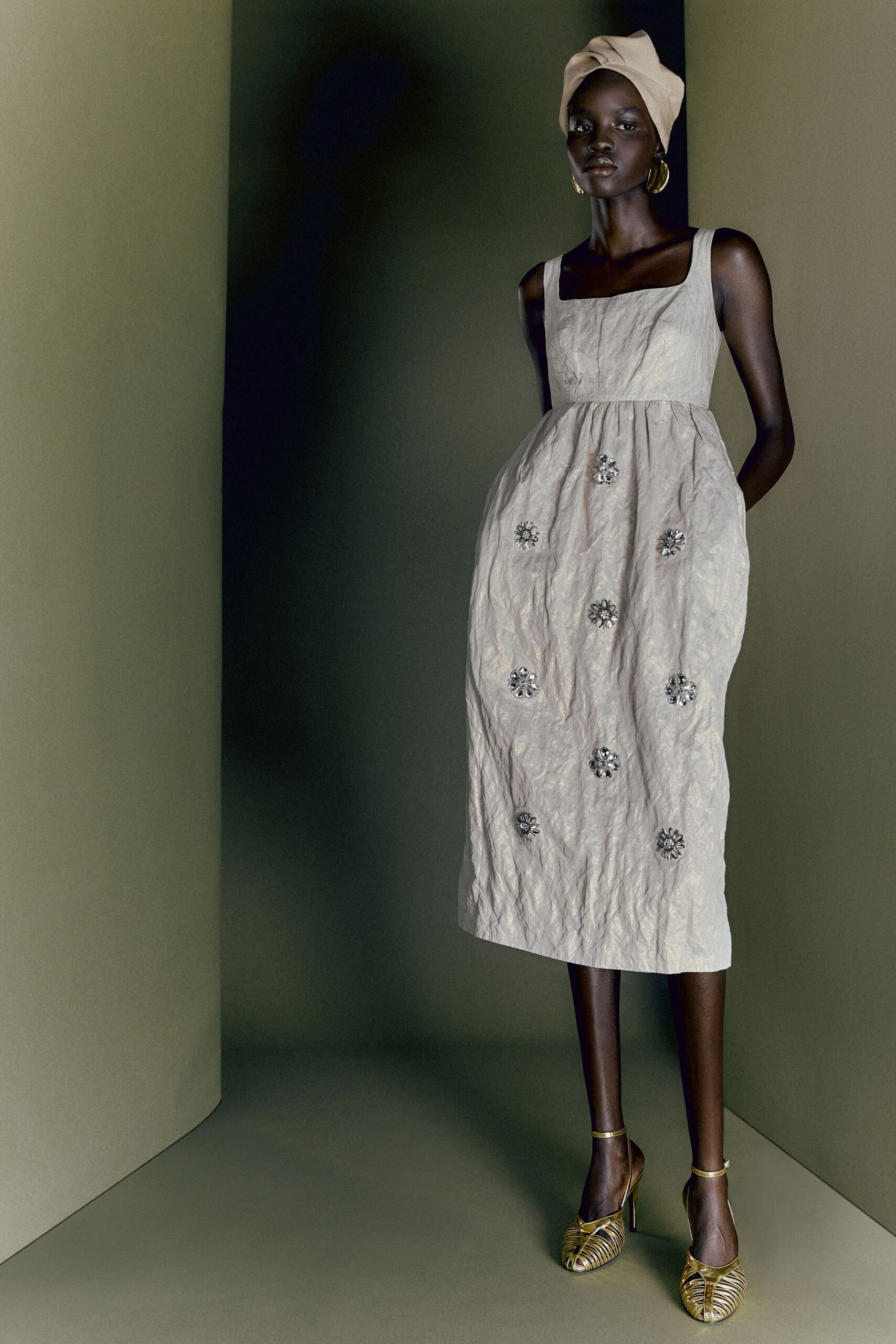 beige embroidered midi dress