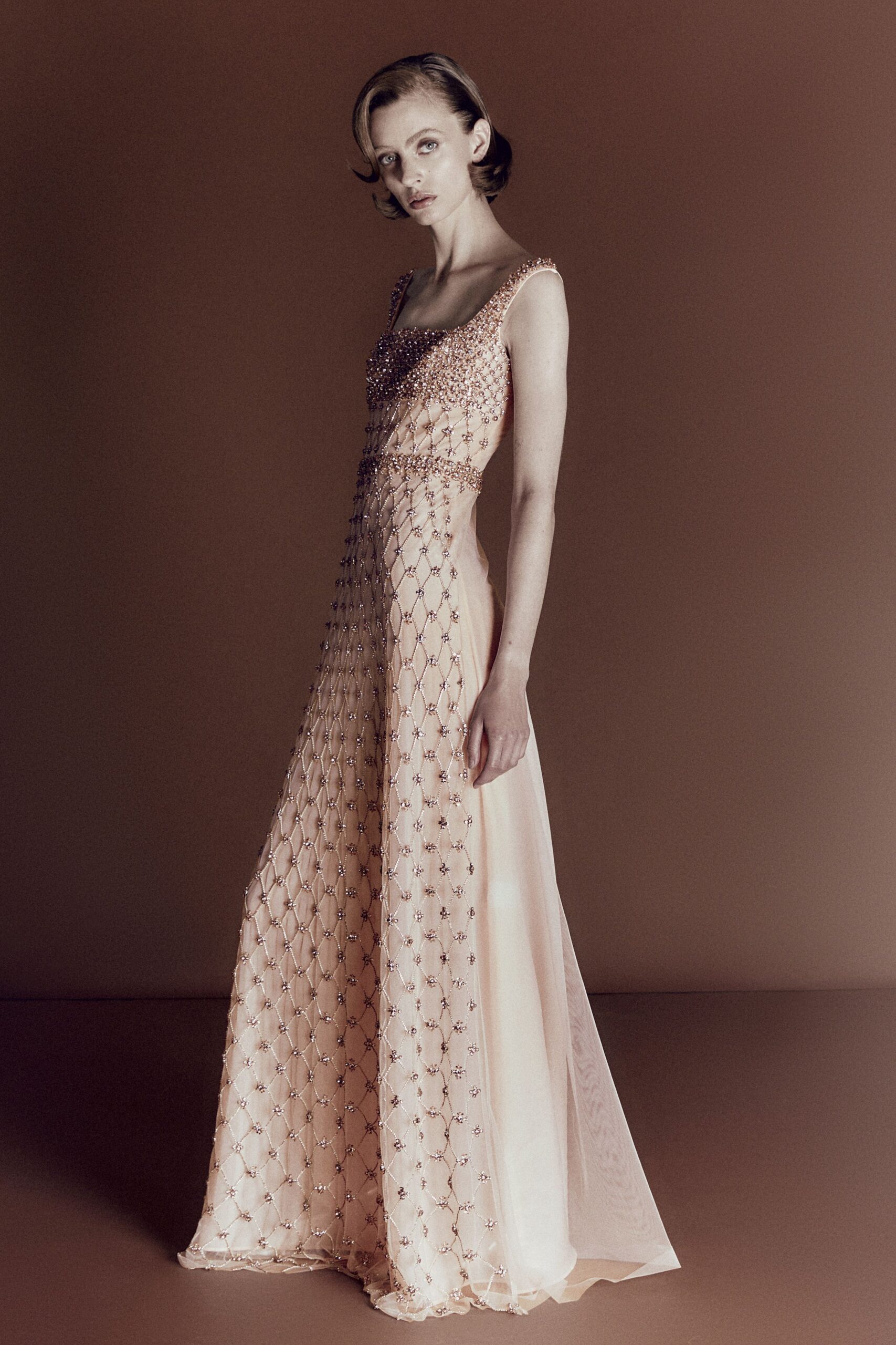 pink embellished silk gown