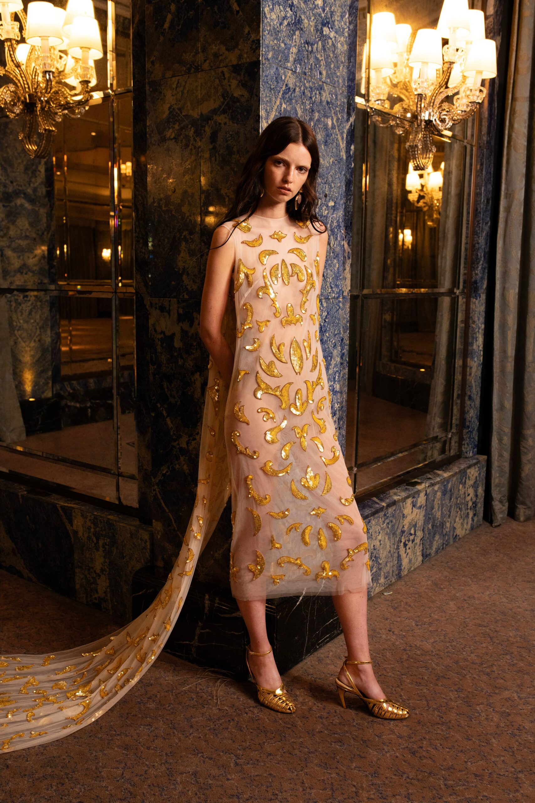 beige silk sleeveless high-neck fitted embroidered tiered dress