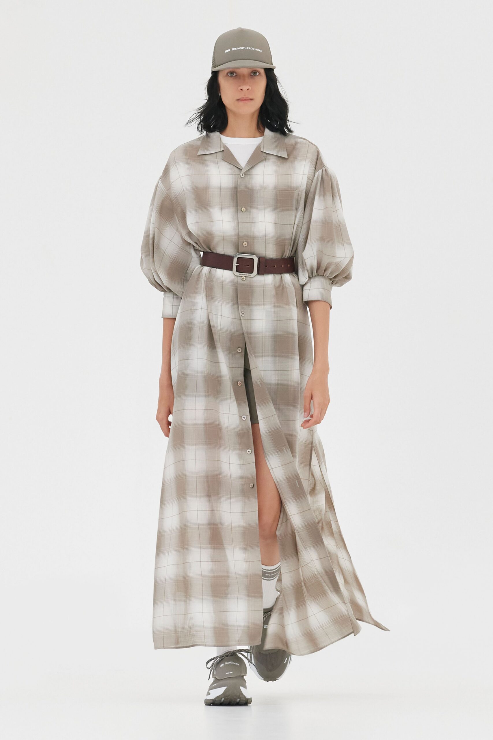 beige cotton long-sleeve collared relaxed checked buttoned shirt-dress