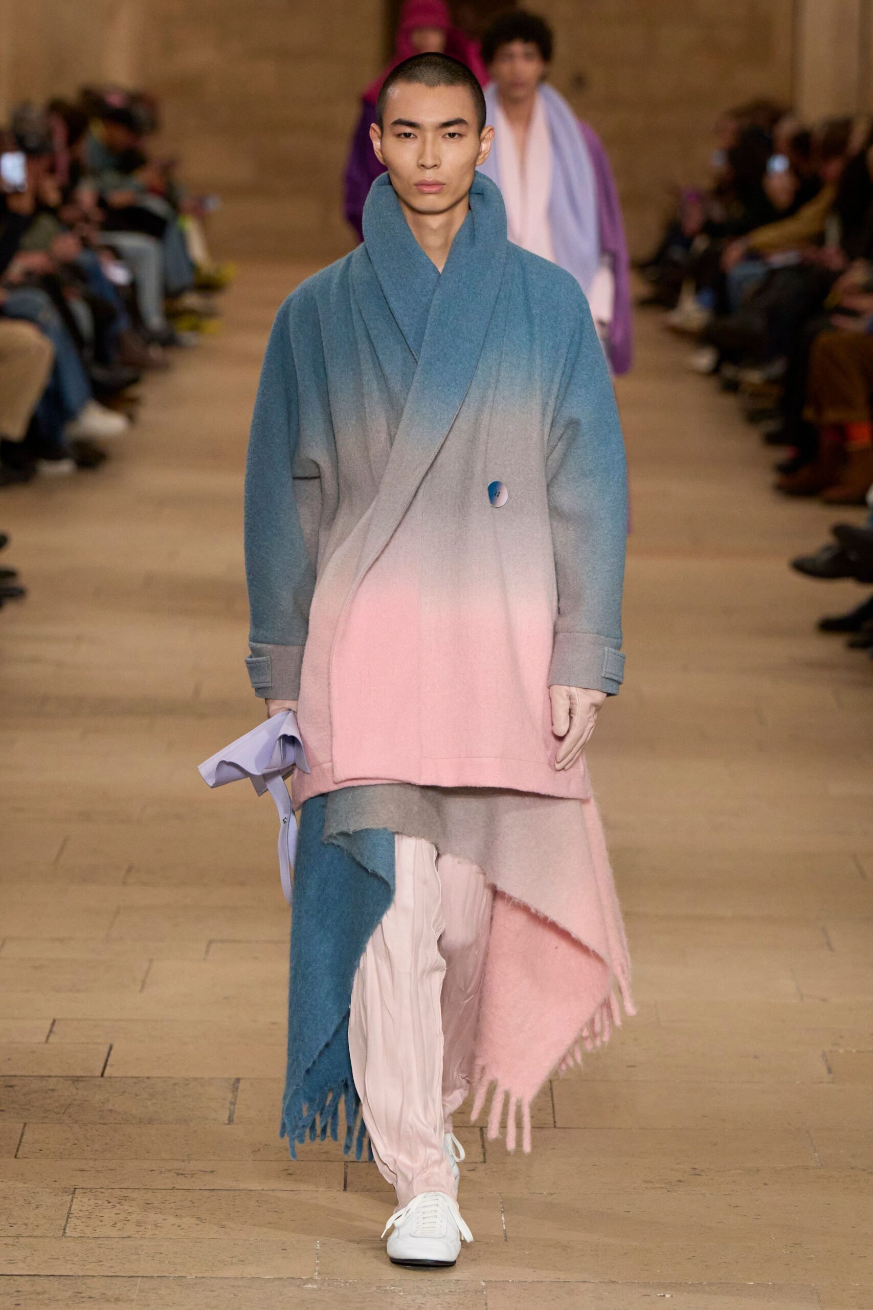 blue wool long-sleeve collared relaxed layered fringed coat