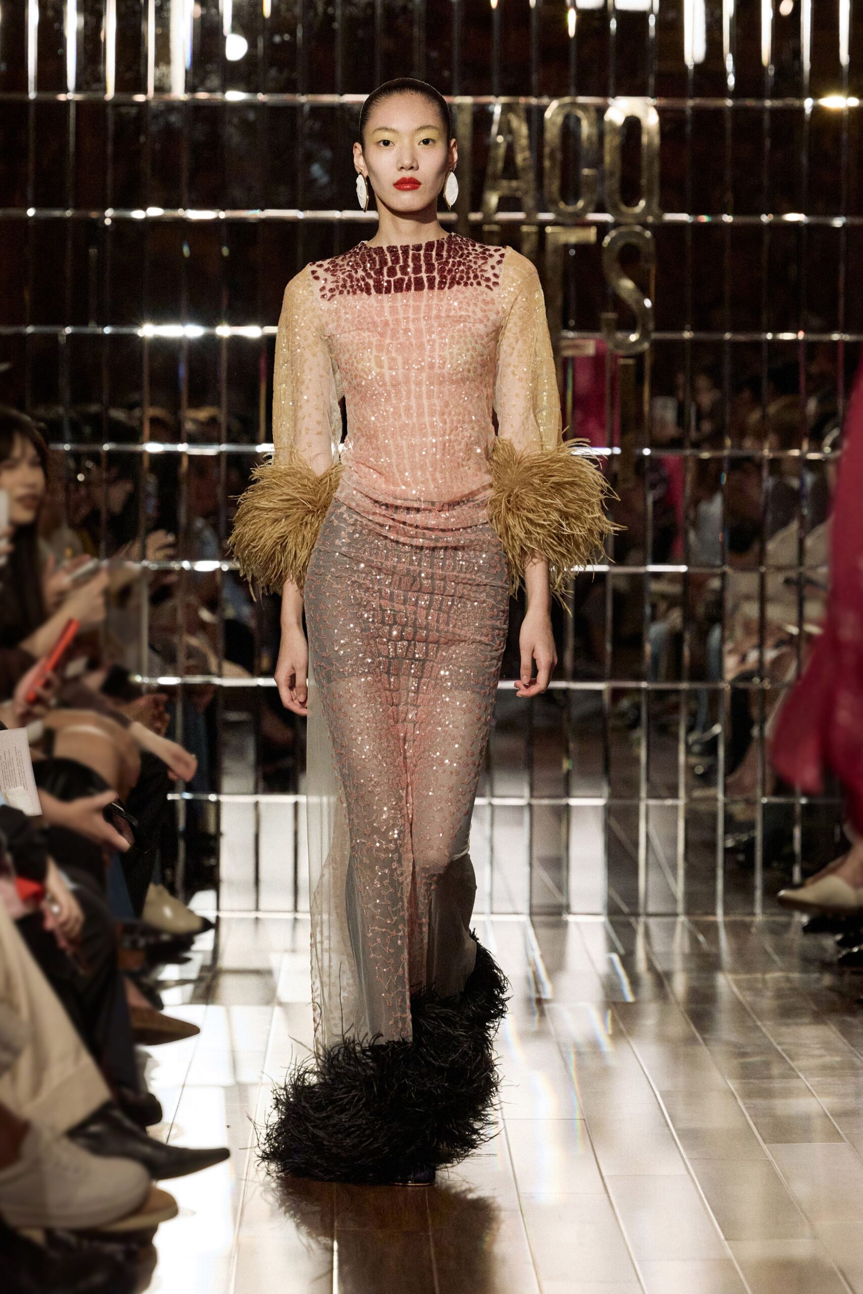 pink sequined midi dress with fringed sleeves
