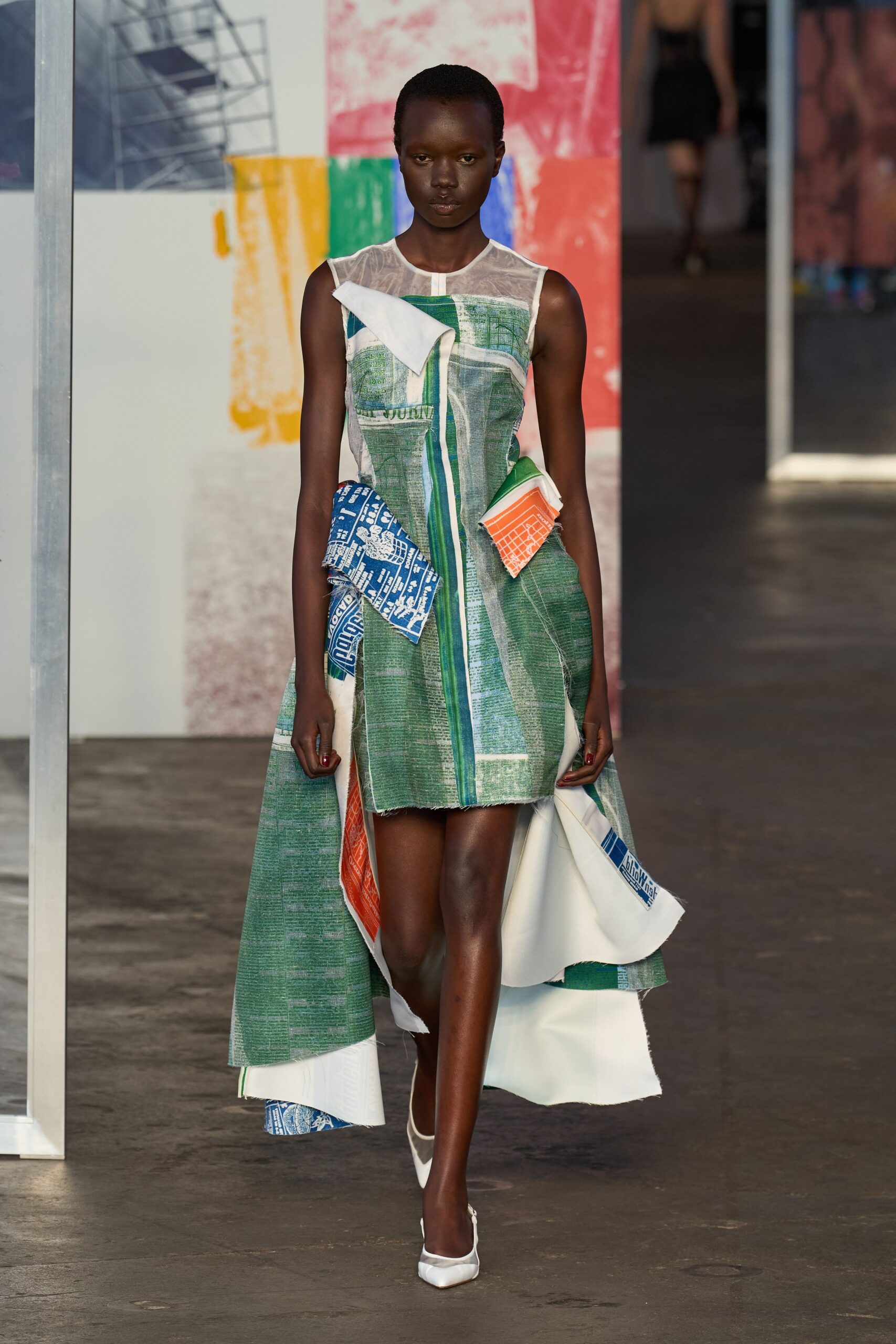 green cotton sleeveless v-neck fitted layered printed dress