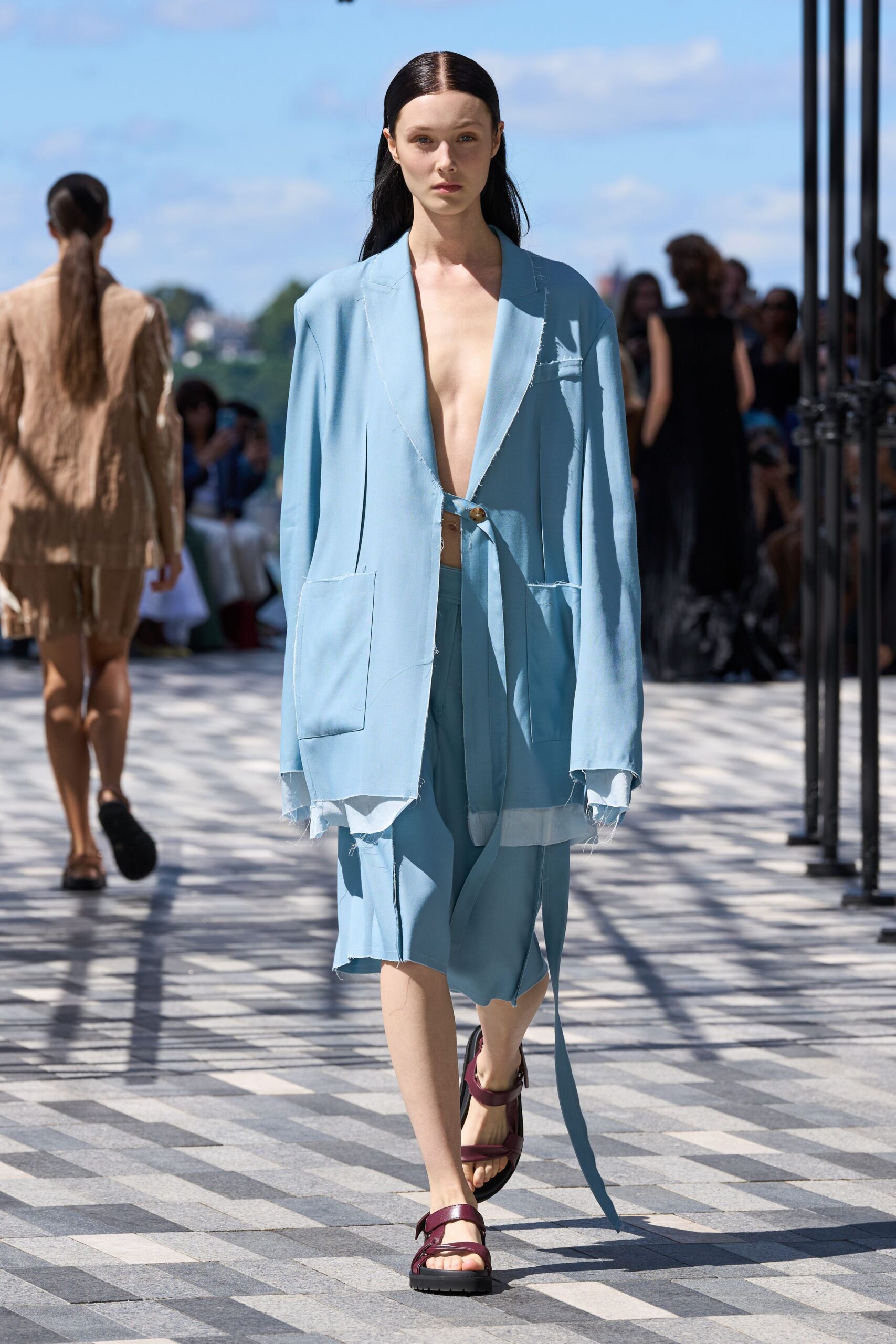 blue silk long-sleeve collared relaxed belted blazer