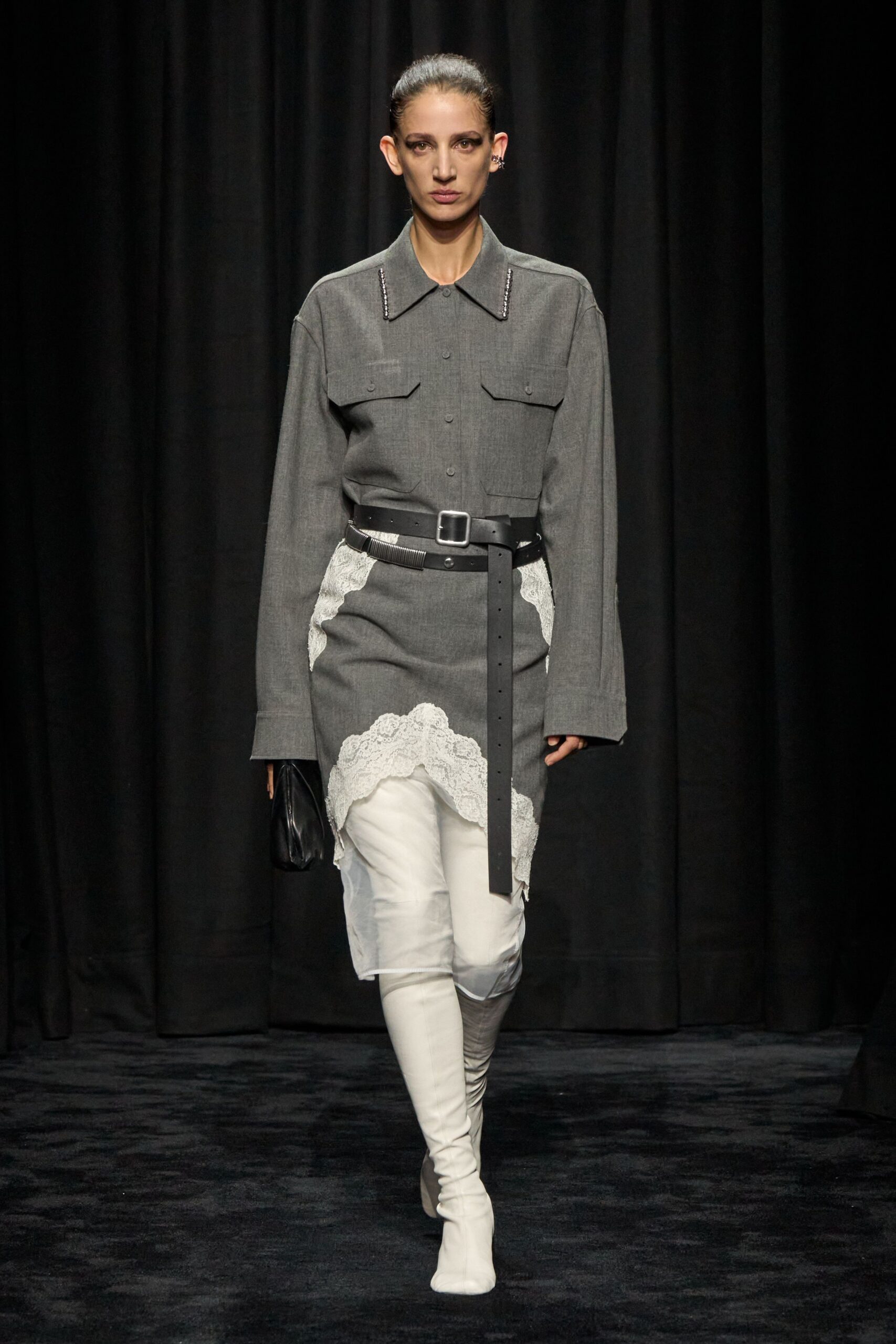 gray shirt-dress with black belt