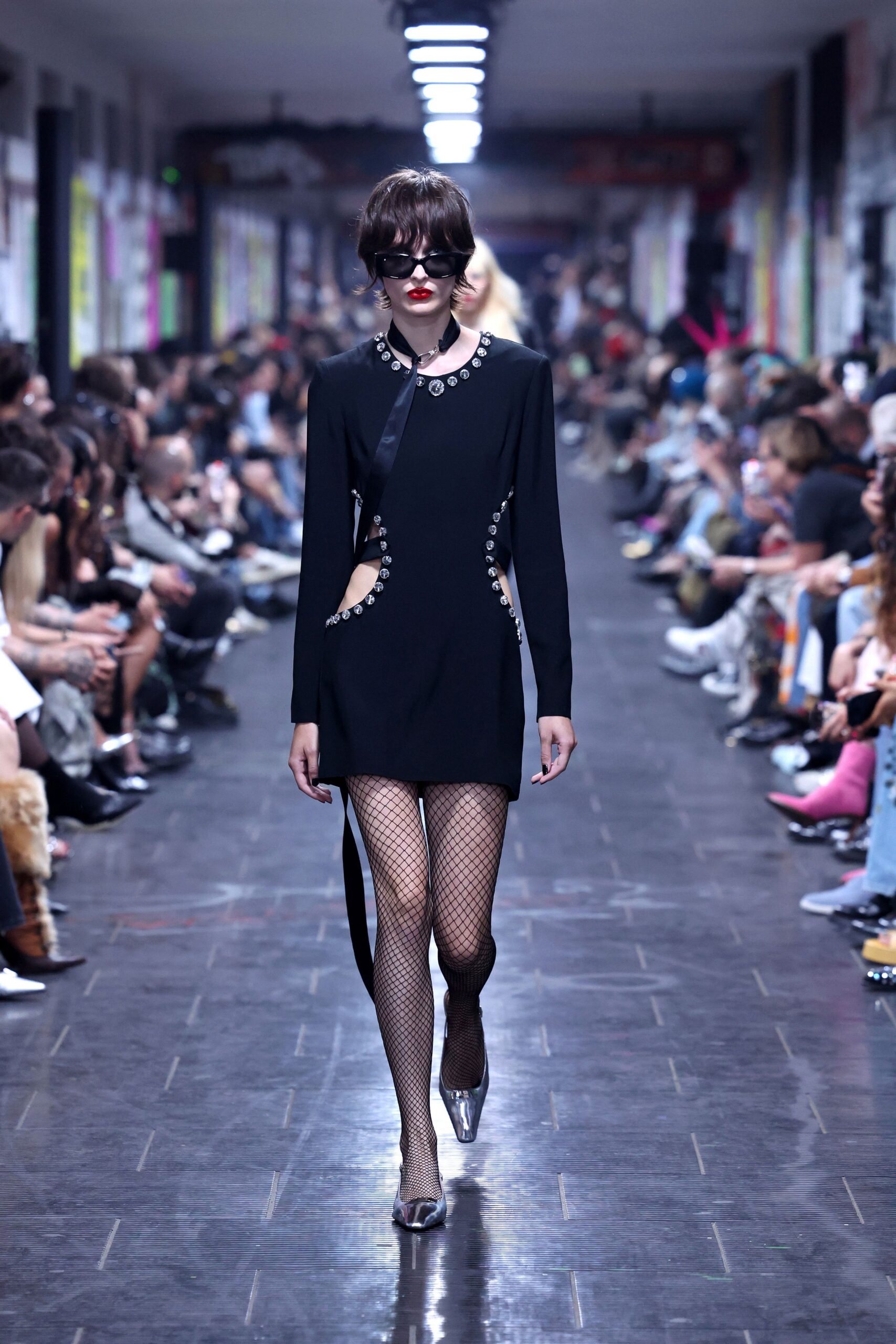 black silk long-sleeve cutout fitted buttoned embellished dress