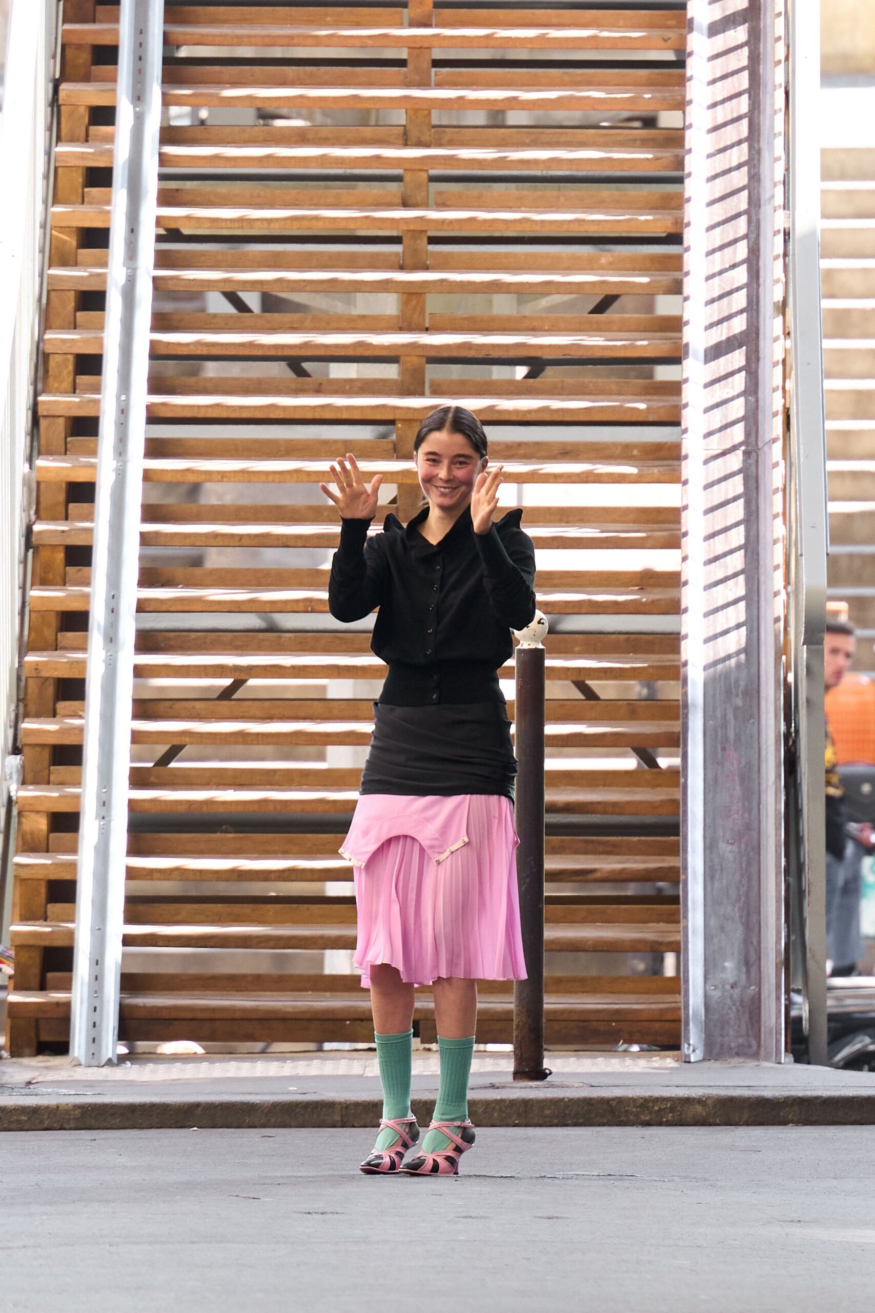 black jacket pink skirt outfit