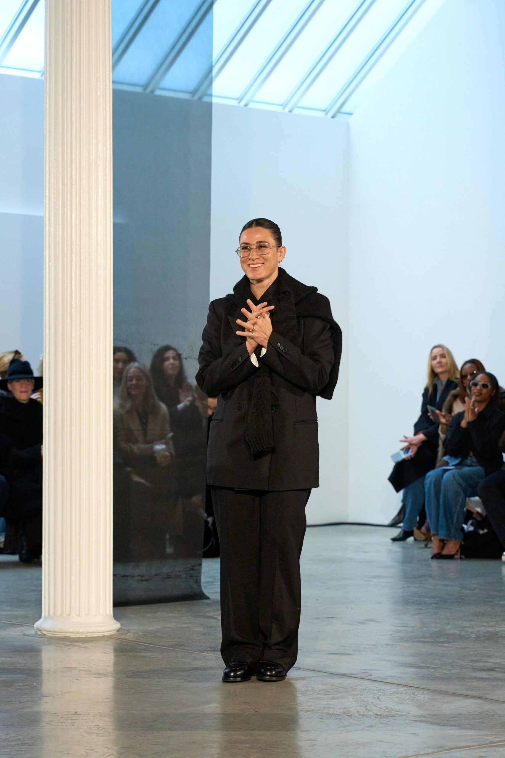 black wool suit with scarf