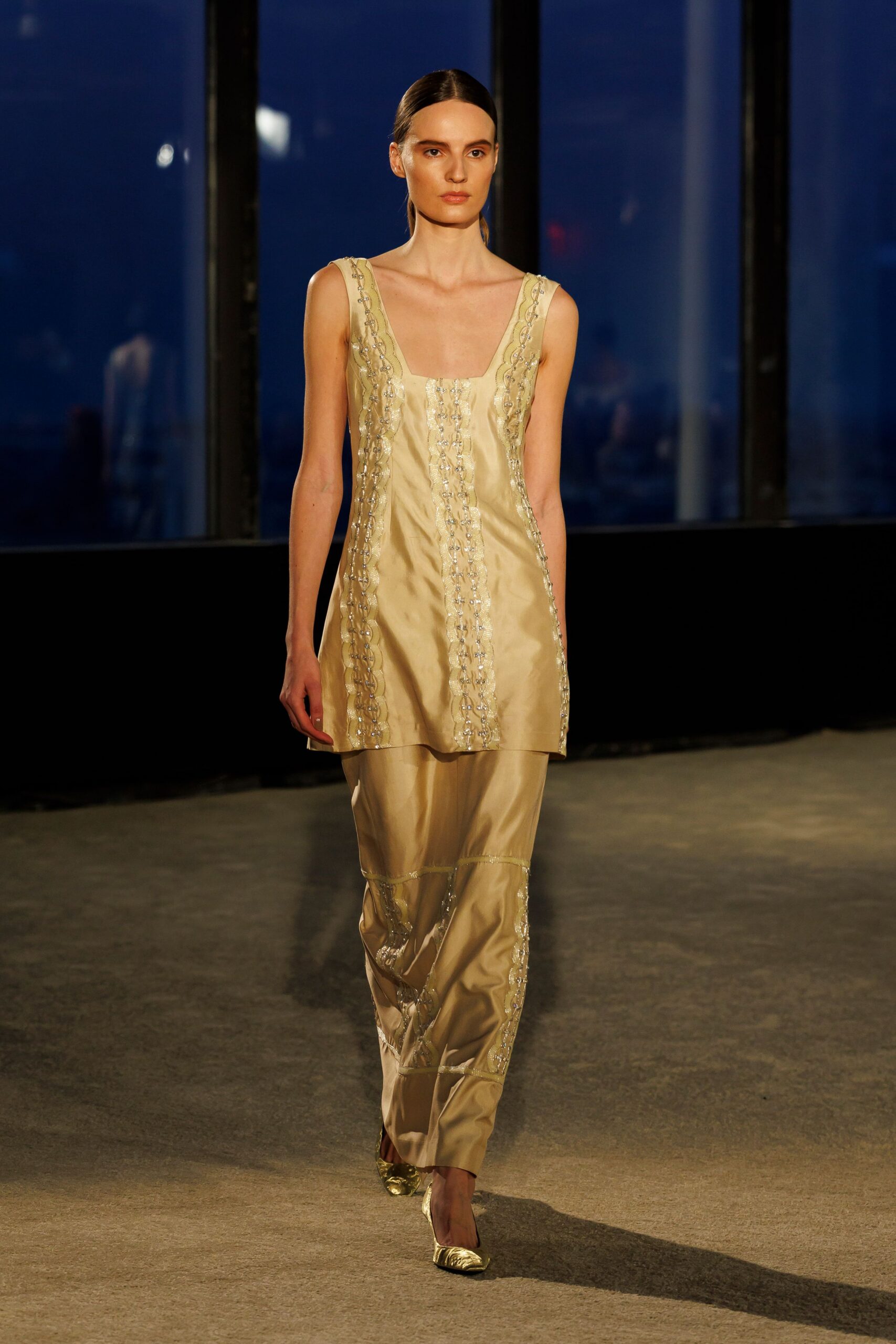 gold silk sleeveless square-neck fitted embroidered top