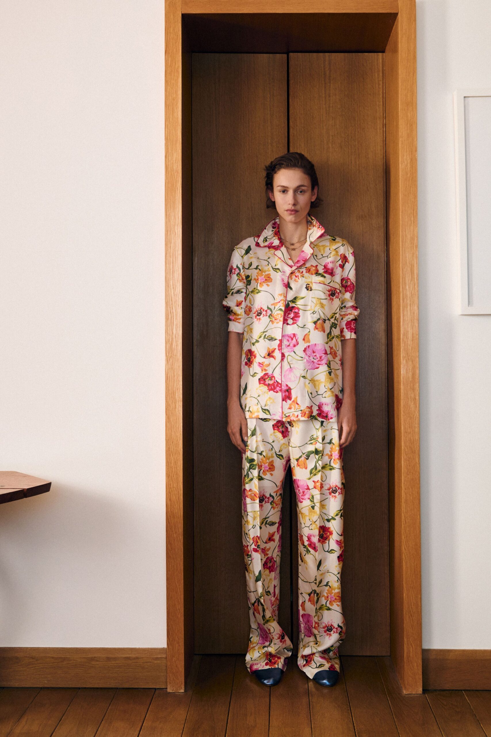 white cotton long-sleeve collared relaxed floral shirt