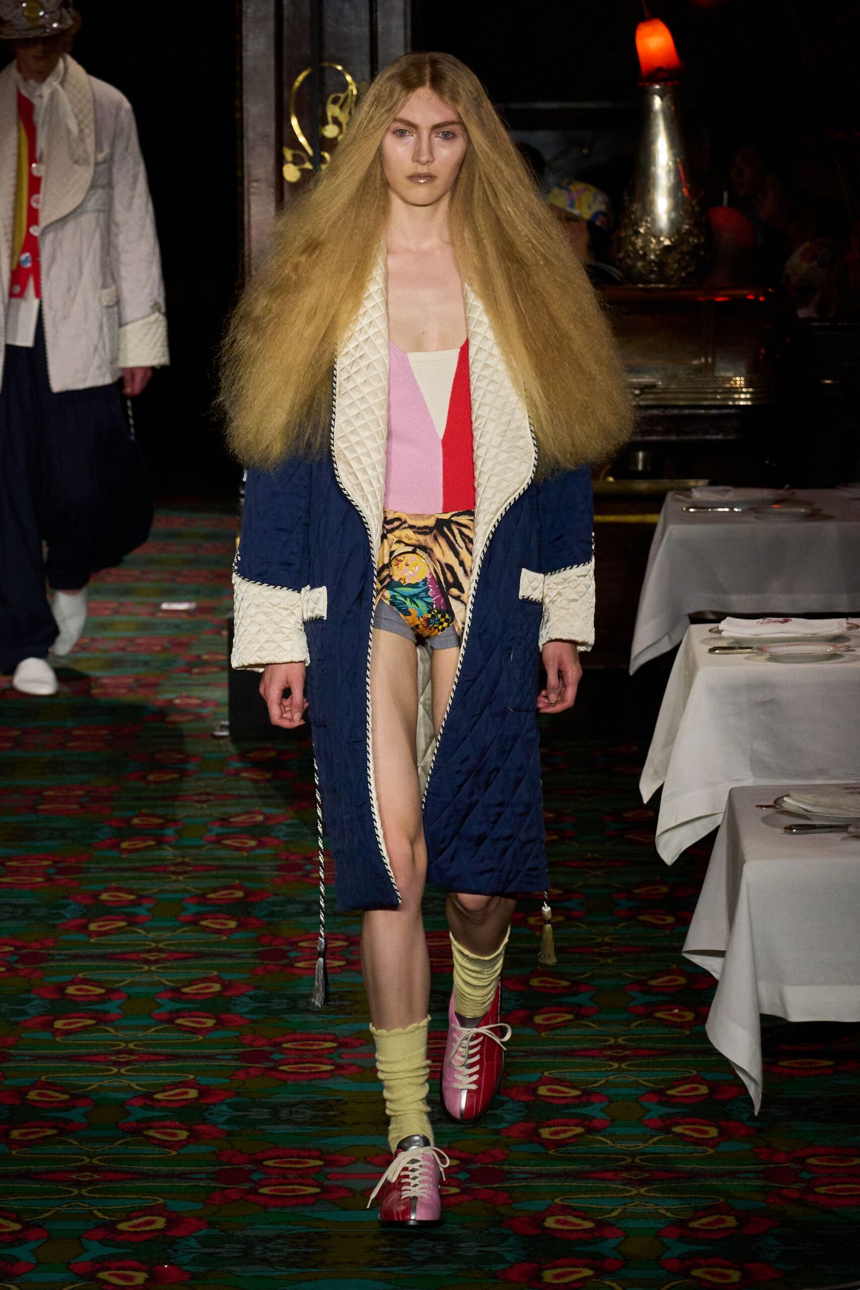blue quilted coat with multi shorts