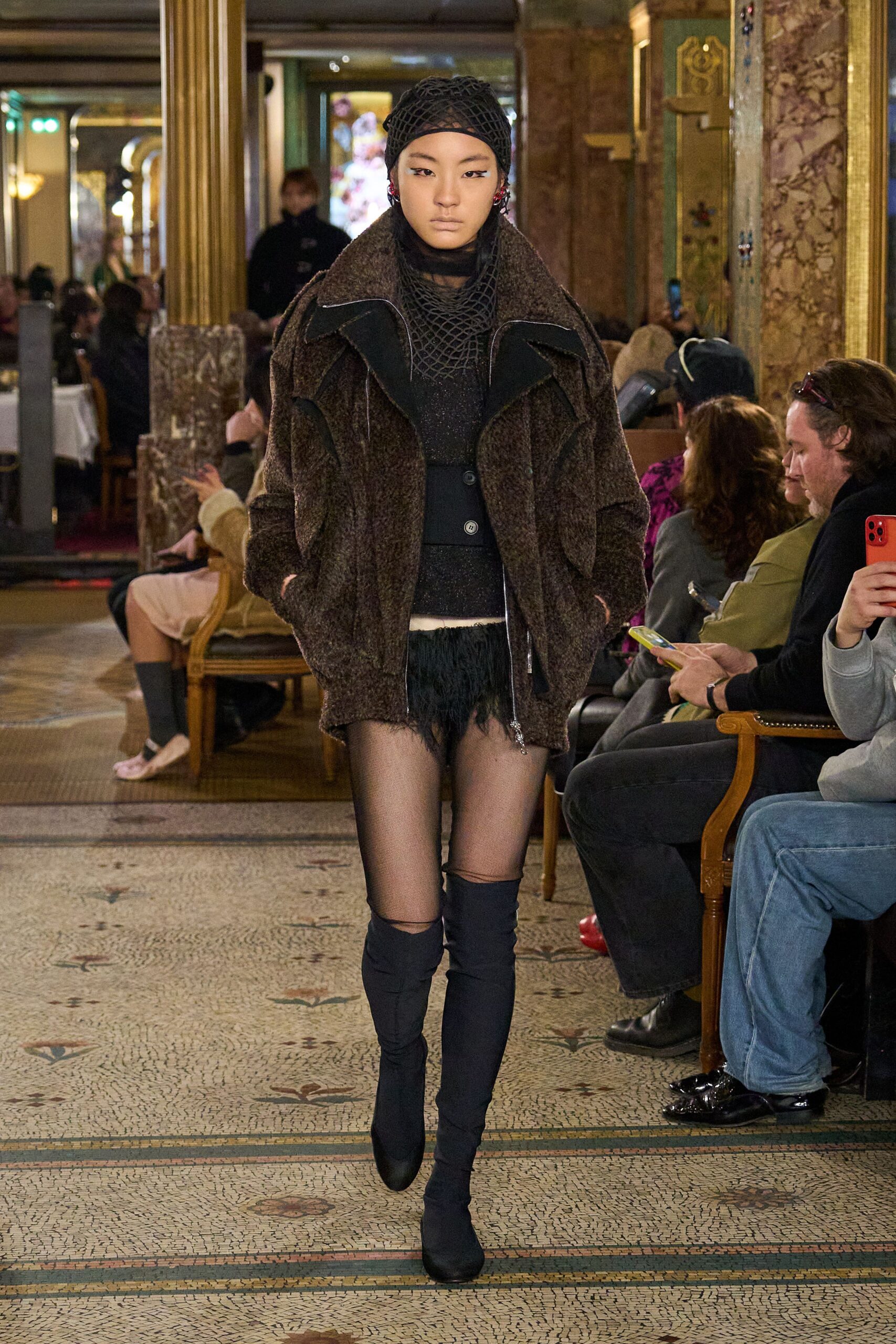 brown fur long-sleeve oversized textured coat