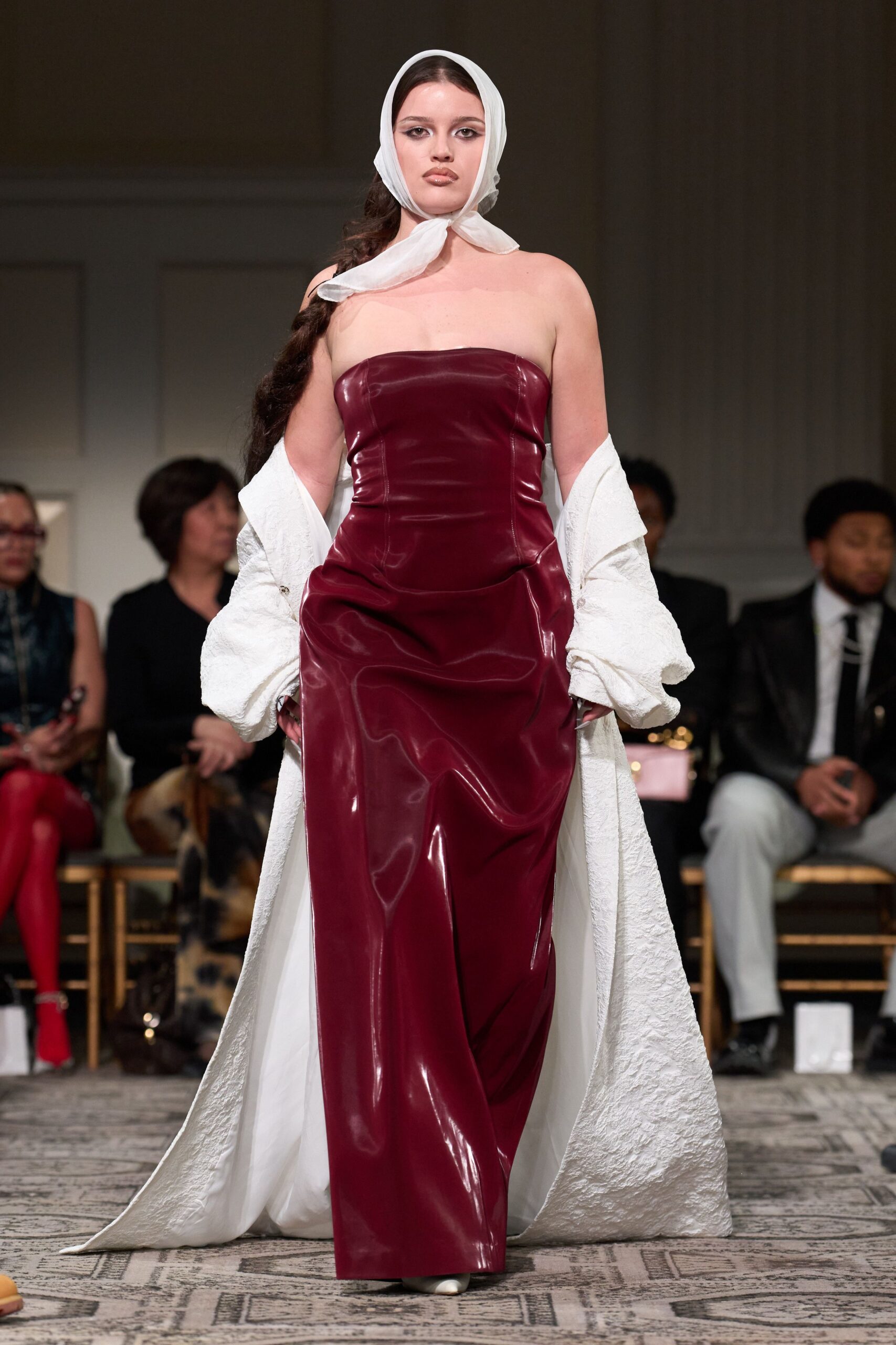 red vinyl strapless fitted maxi gown