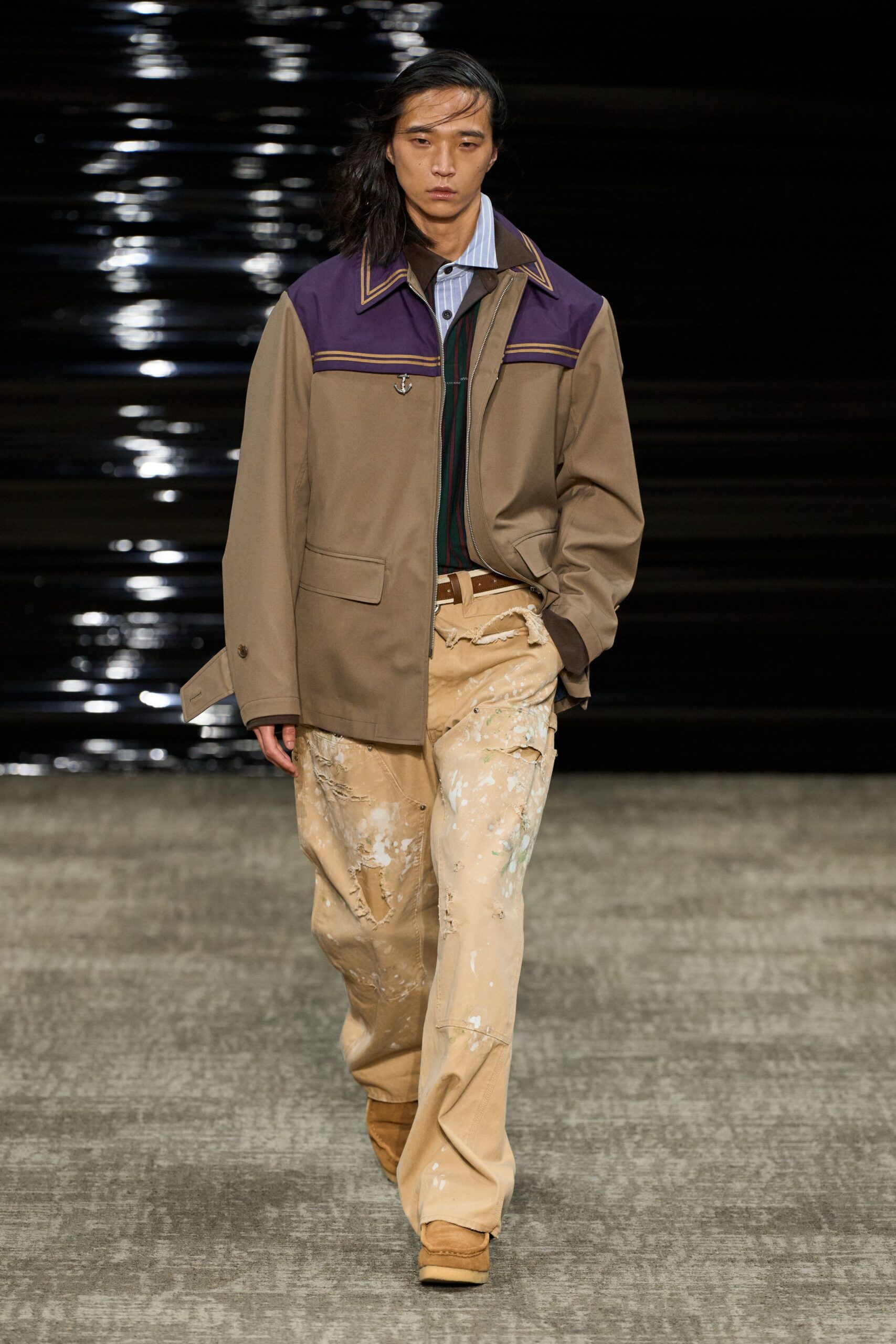 brown relaxed jacket with blue shirt