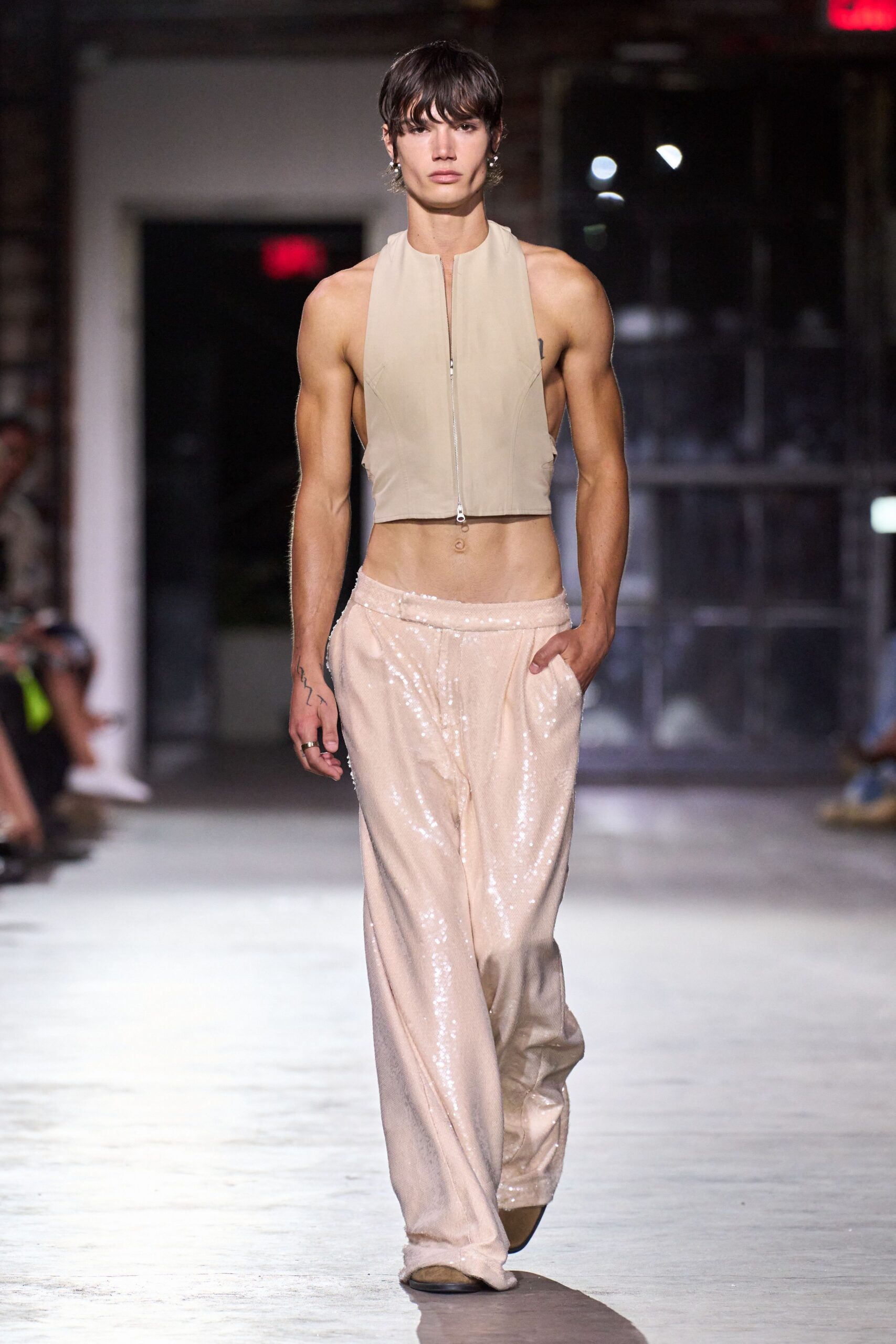 pink silk relaxed sequined wide-leg pants