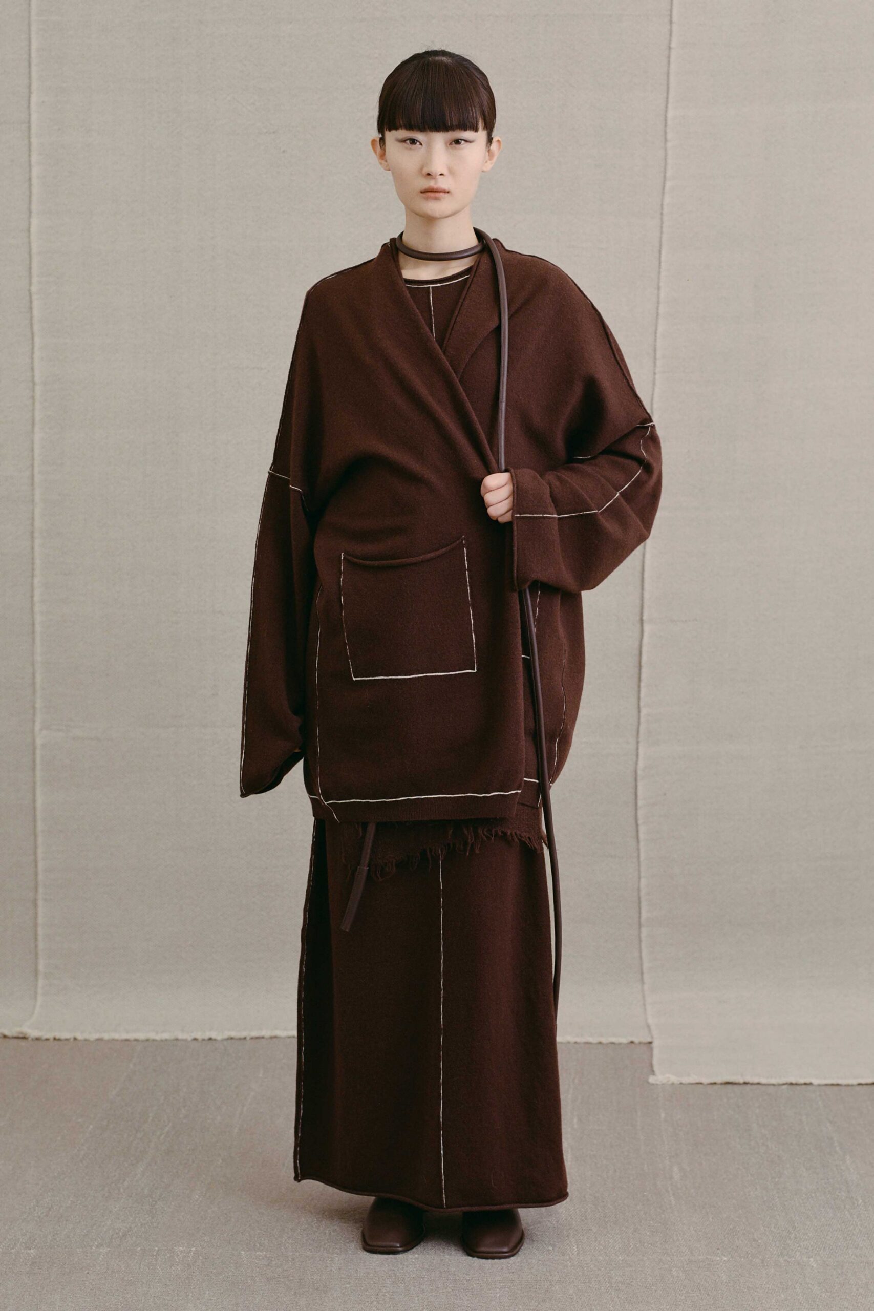 brown wool fitted maxi skirt