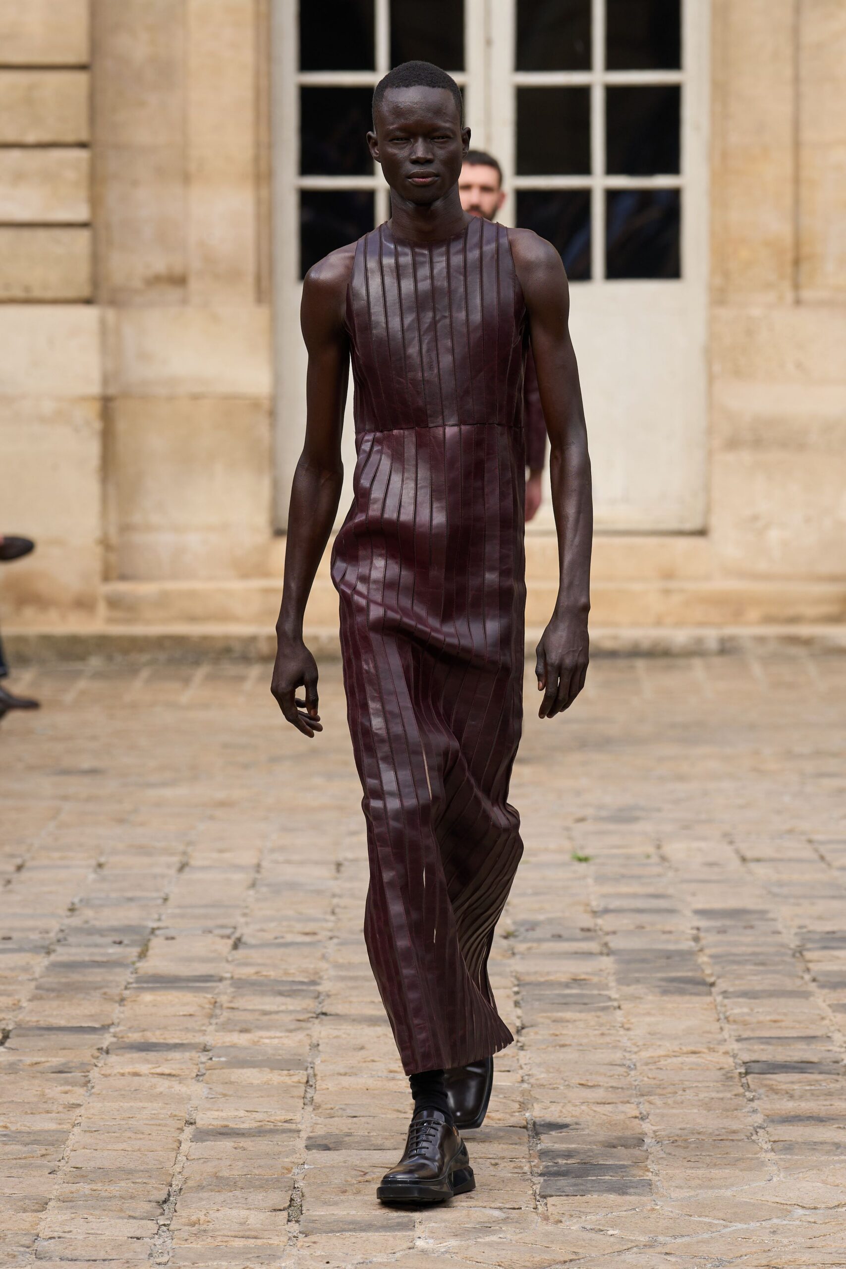 maroon leather sleeveless high-neck fitted pleated midi dress