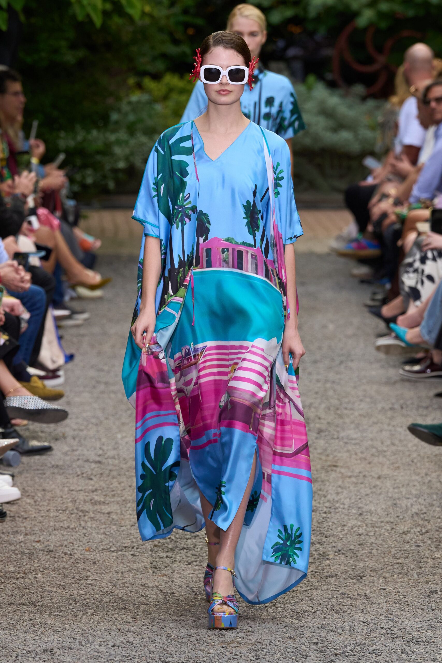 blue silk sleeveless v-neck relaxed printed flowing dress