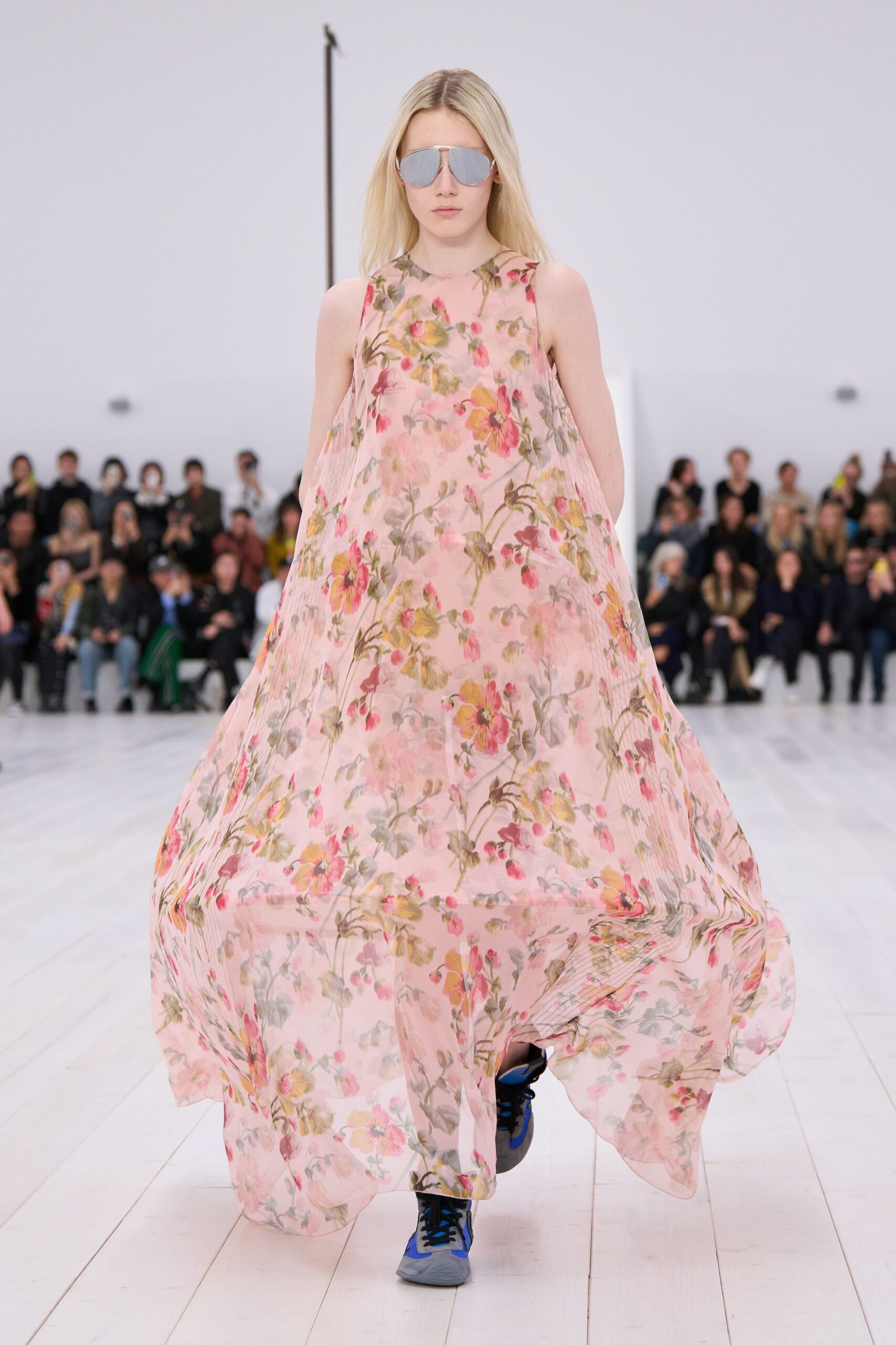 pink chiffon sleeveless high-neck relaxed floral flowing dress