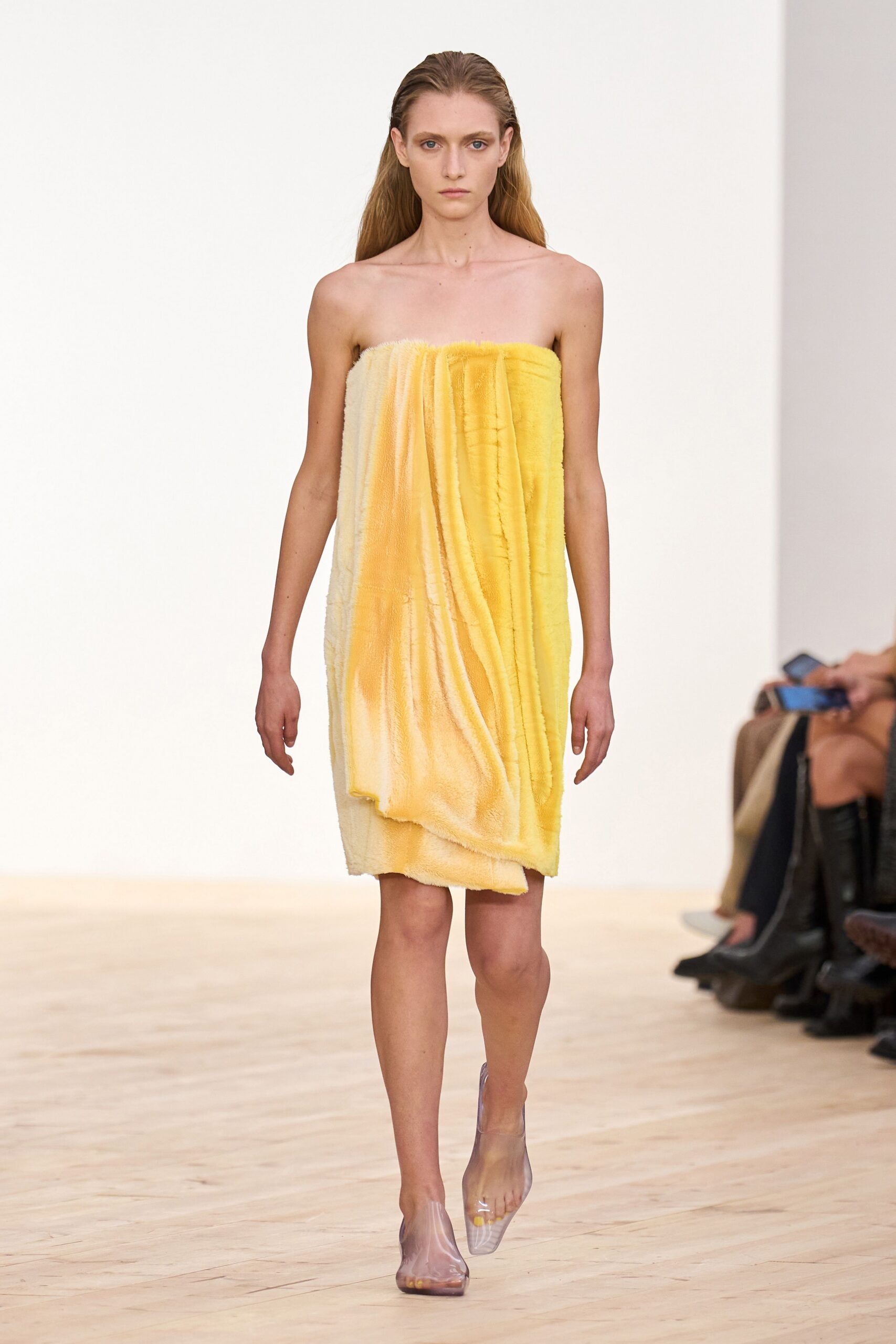 yellow silk strapless fitted ruched sheer mini dress