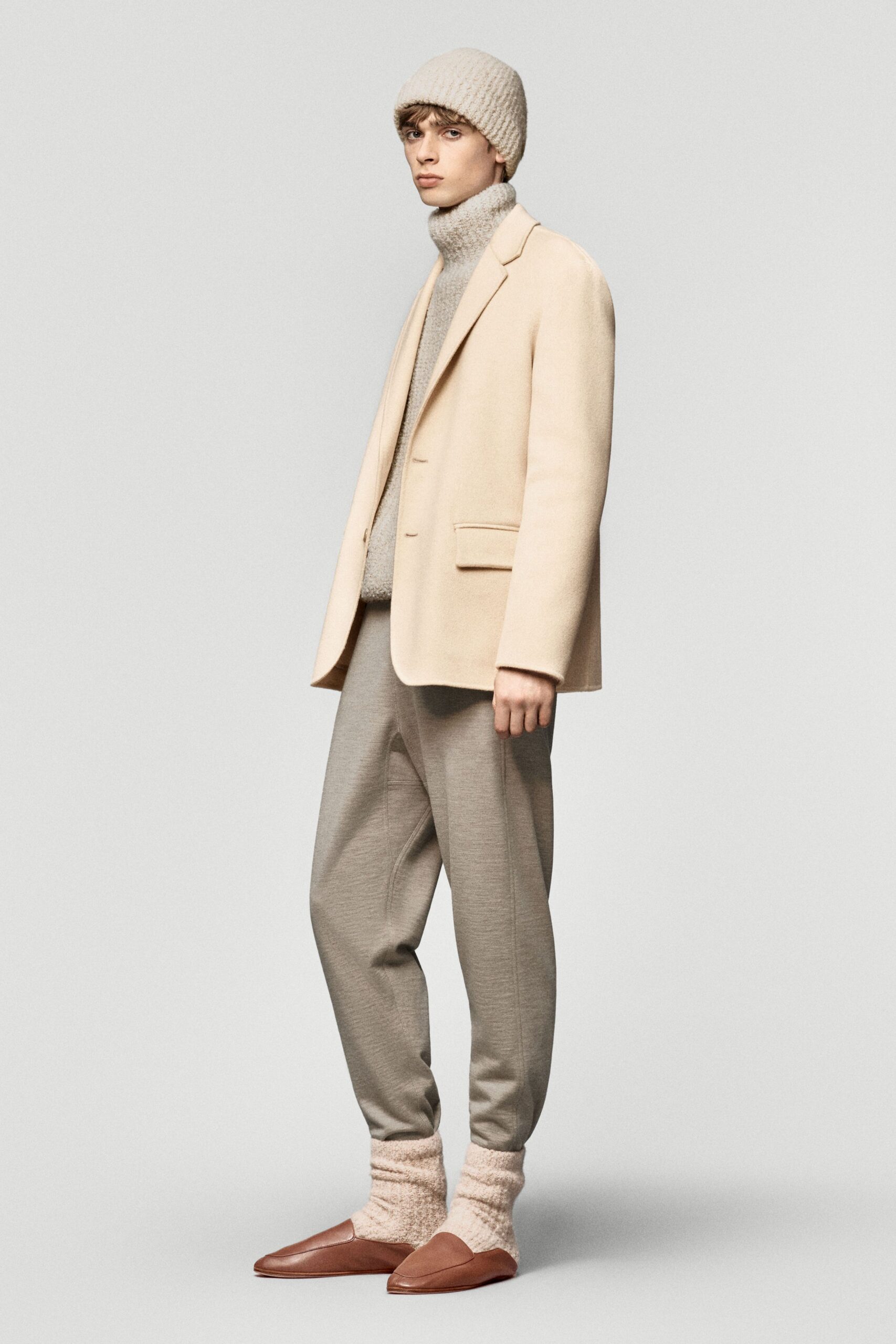 beige wool long-sleeve collared structured blazer