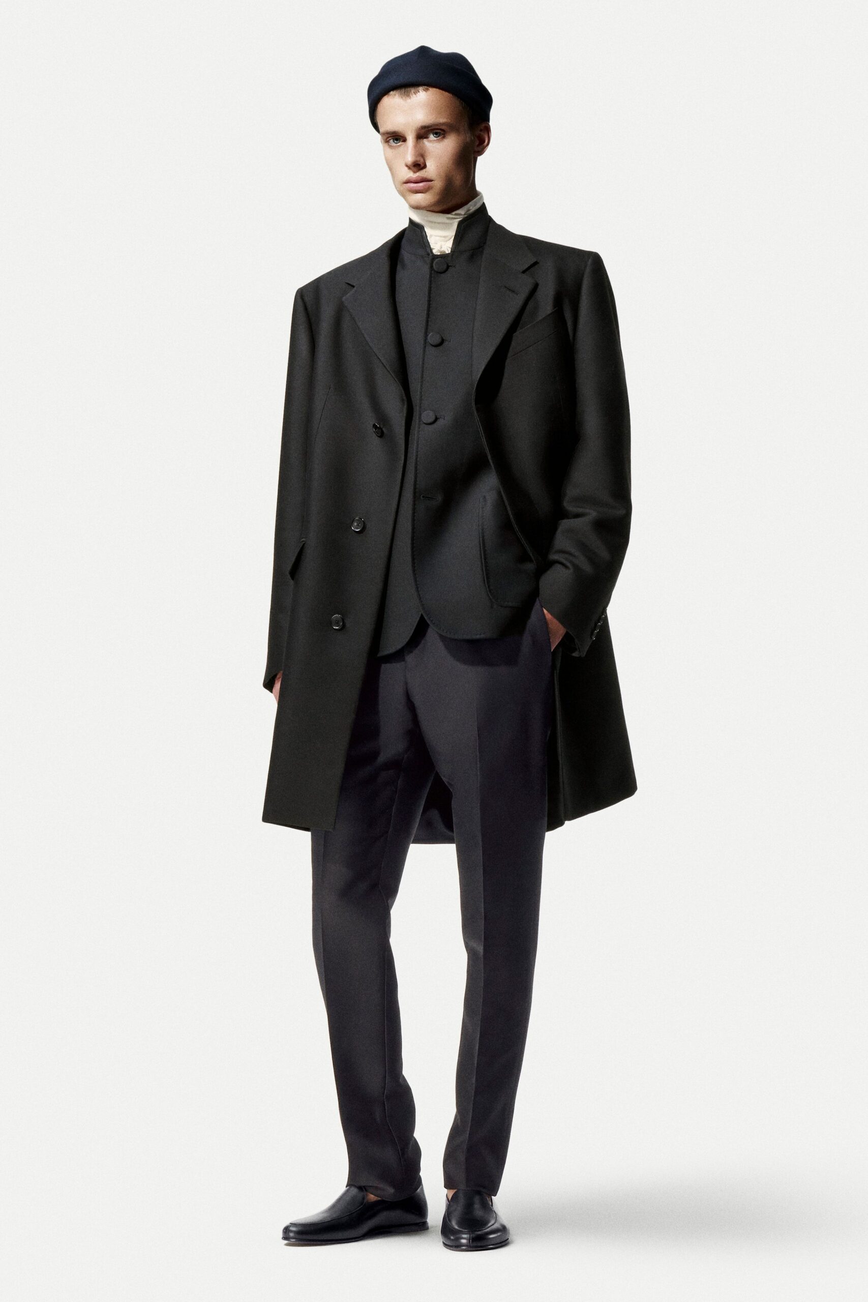black wool slim straight-leg pants
