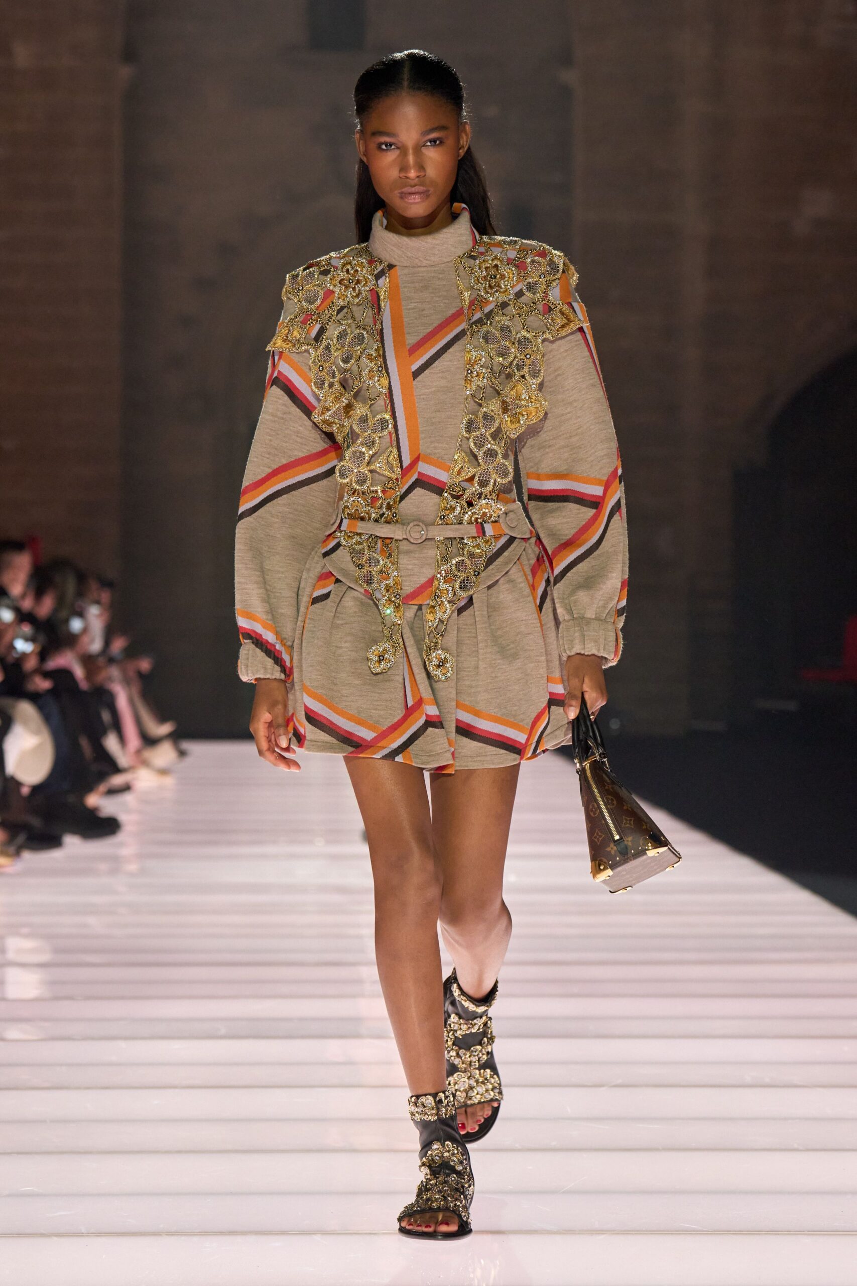 beige cotton long-sleeve collared fitted embroidered layered dress