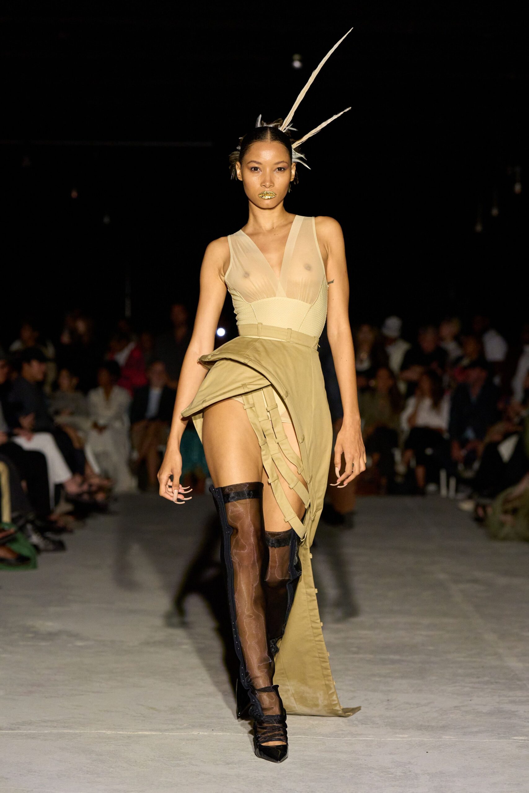 beige silk sleeveless v-neck fitted pleated layered dress