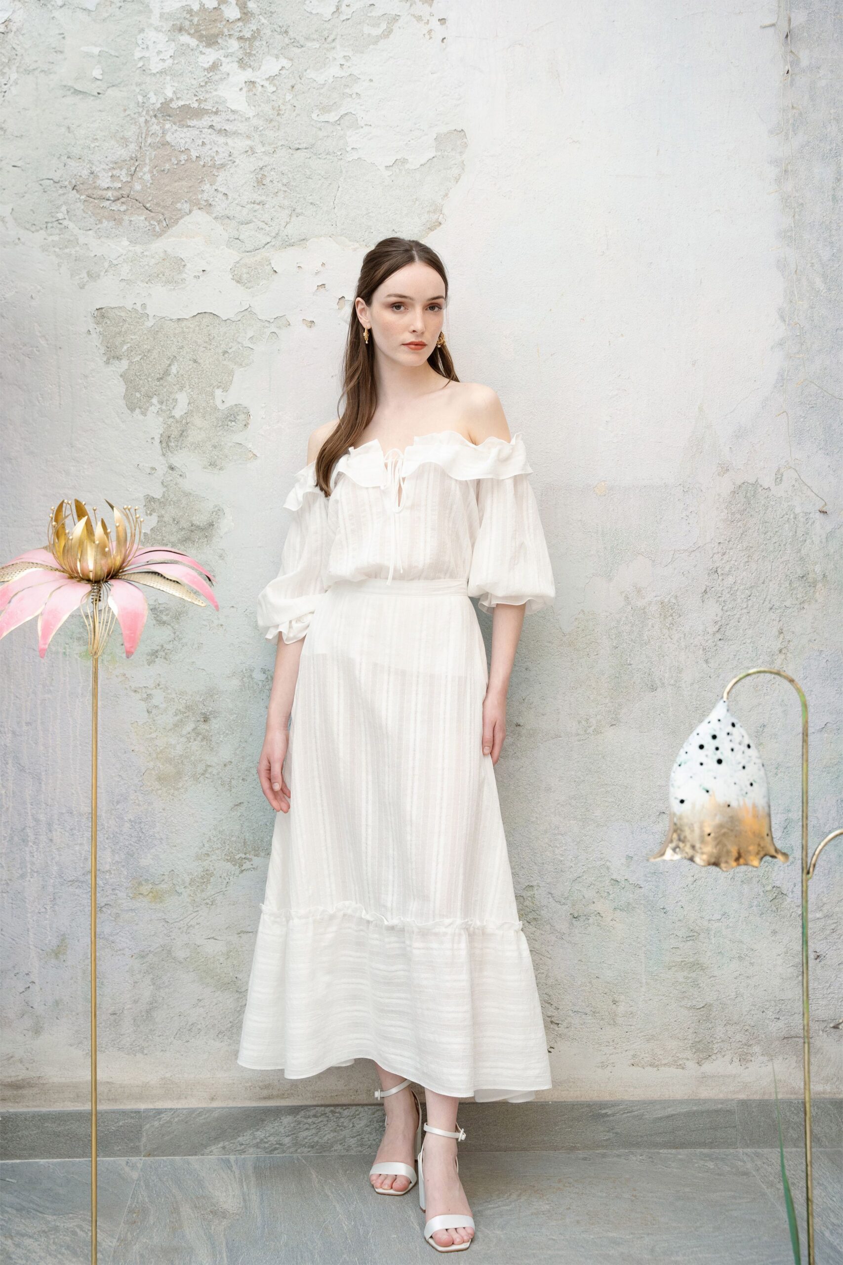 white cotton off-shoulder long-sleeve relaxed pleated tiered dress