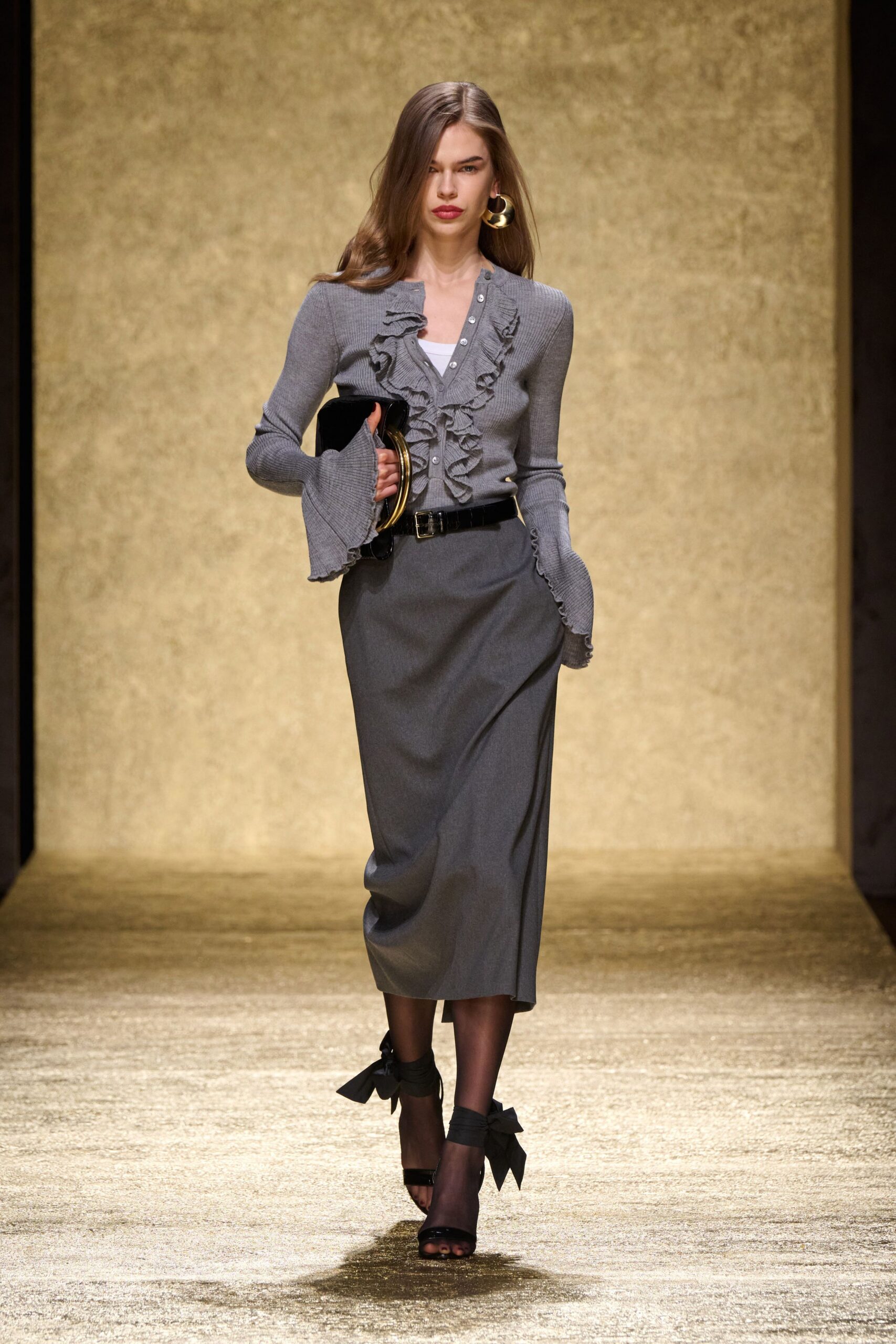 gray fitted top and midi skirt