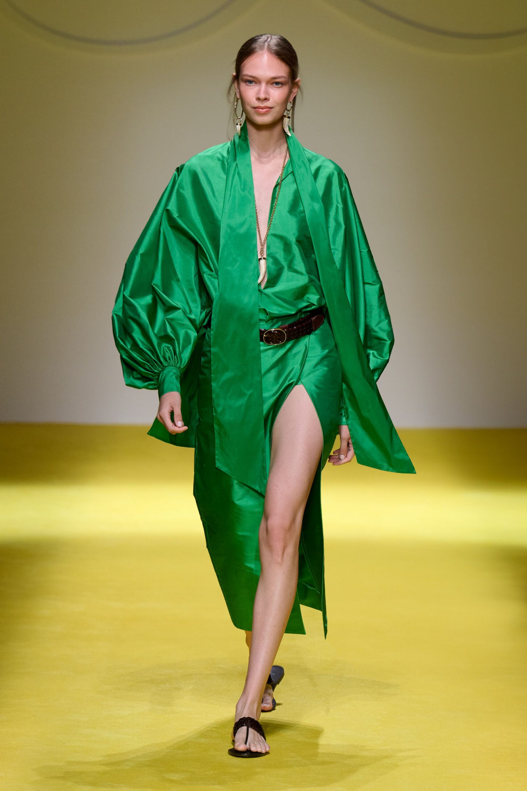 green silk midi dress with belt