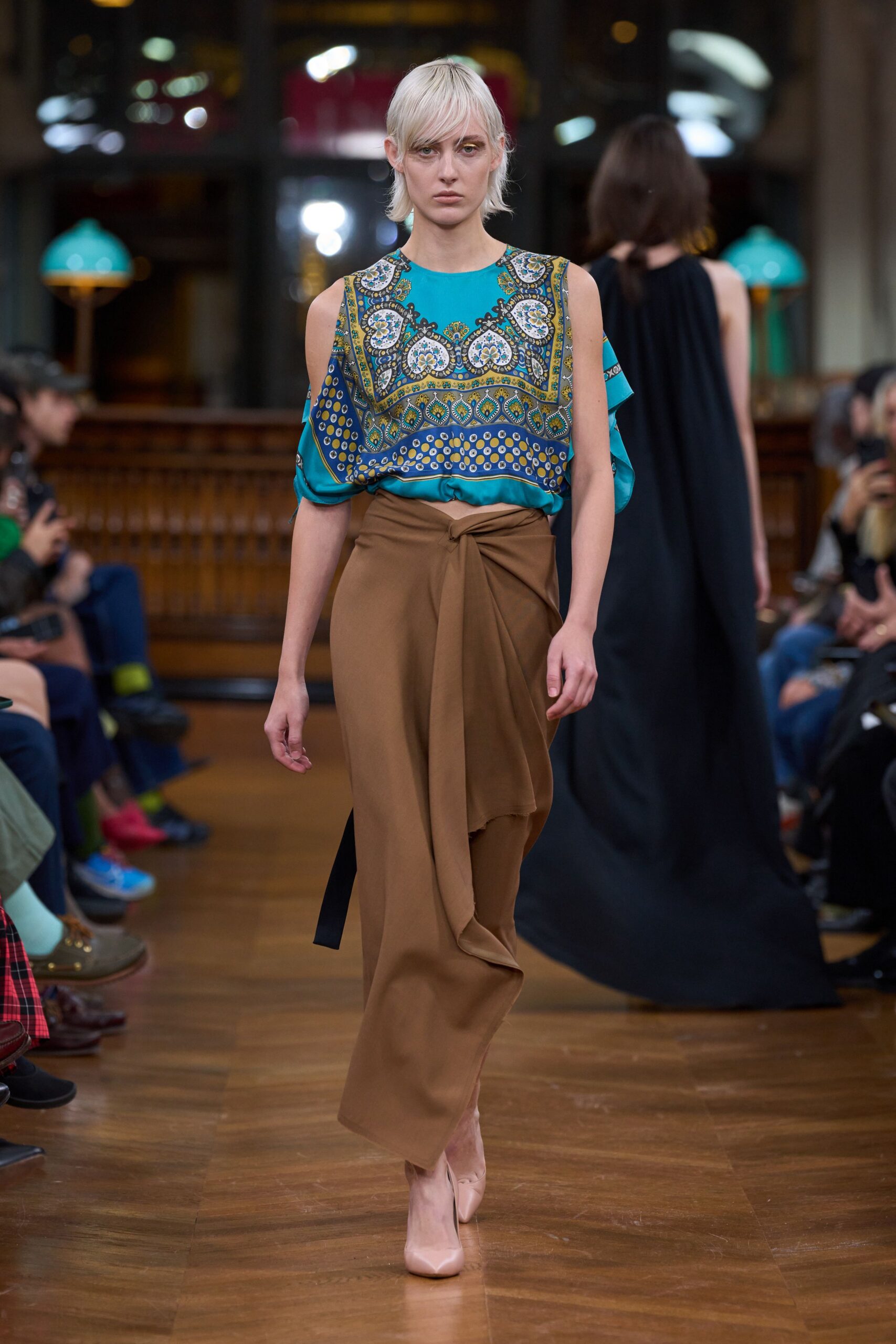 brown cotton wrap fitted high-waisted midi skirt