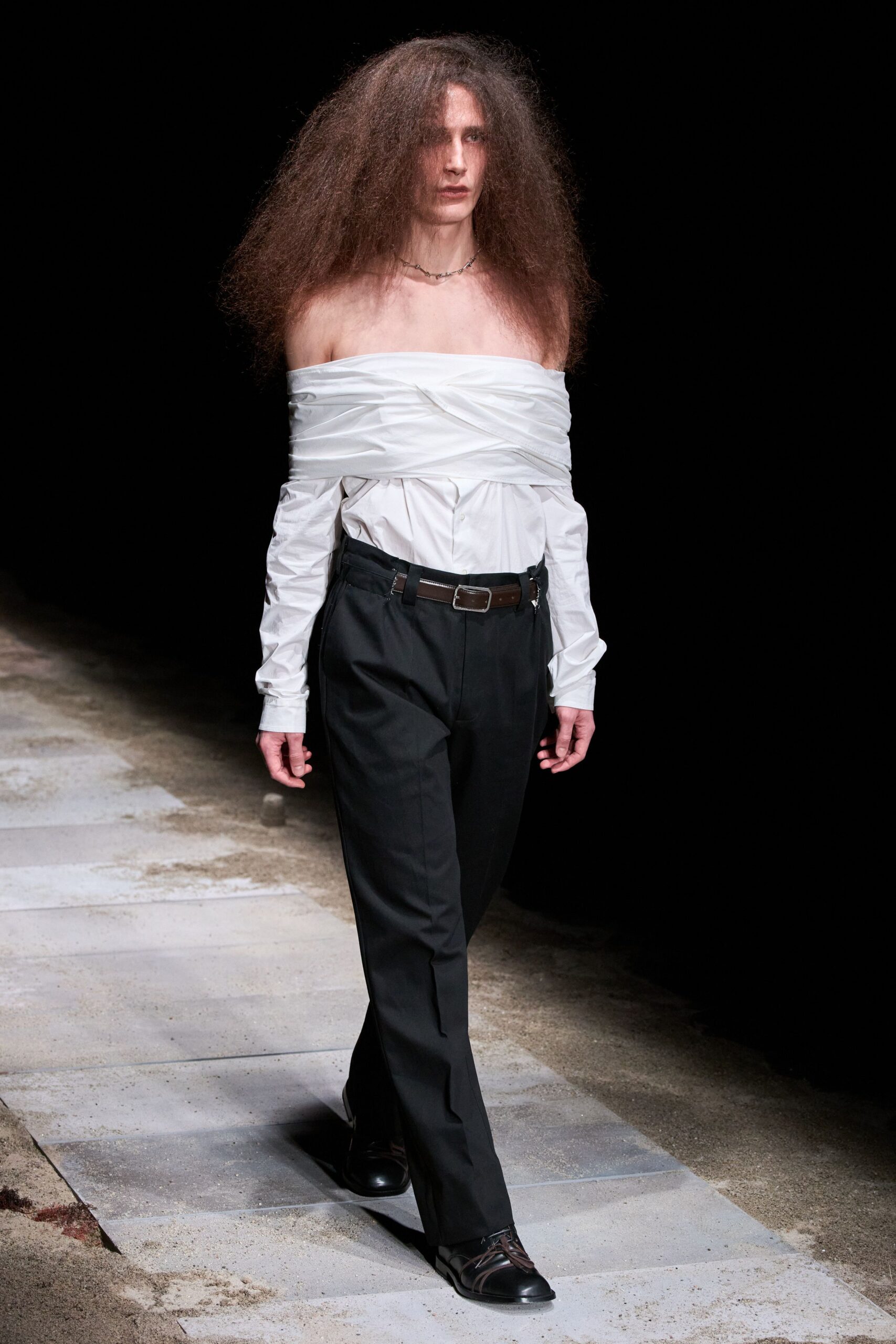 white cotton long-sleeve off-shoulder fitted buttoned shirt