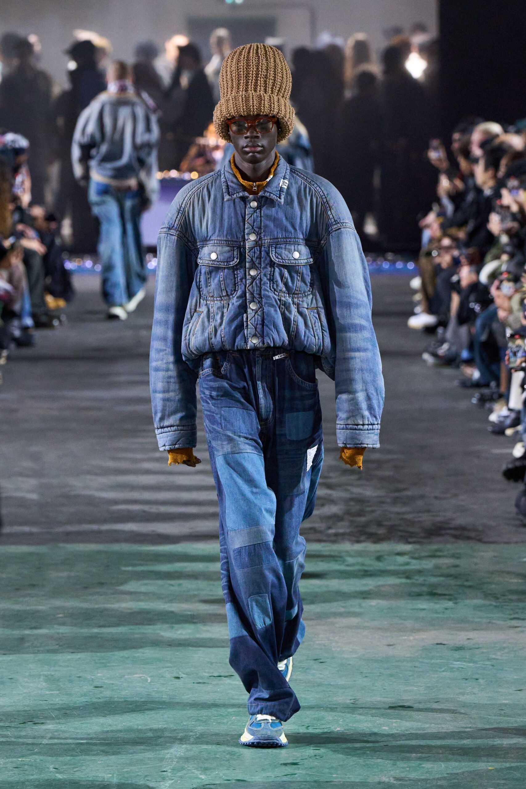 blue denim long-sleeve collared oversized buttoned patchwork jacket