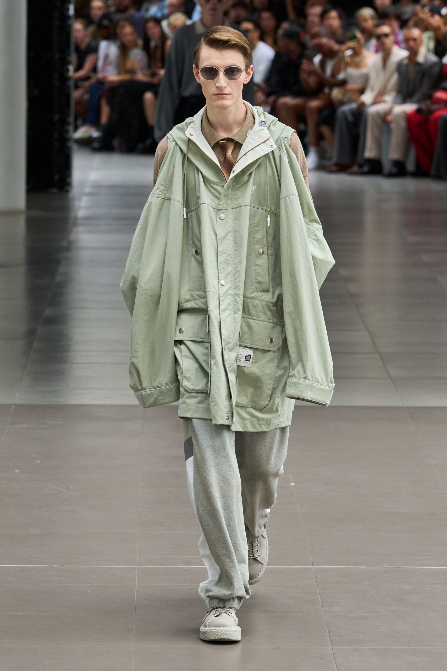 oversized green jacket with gray pants